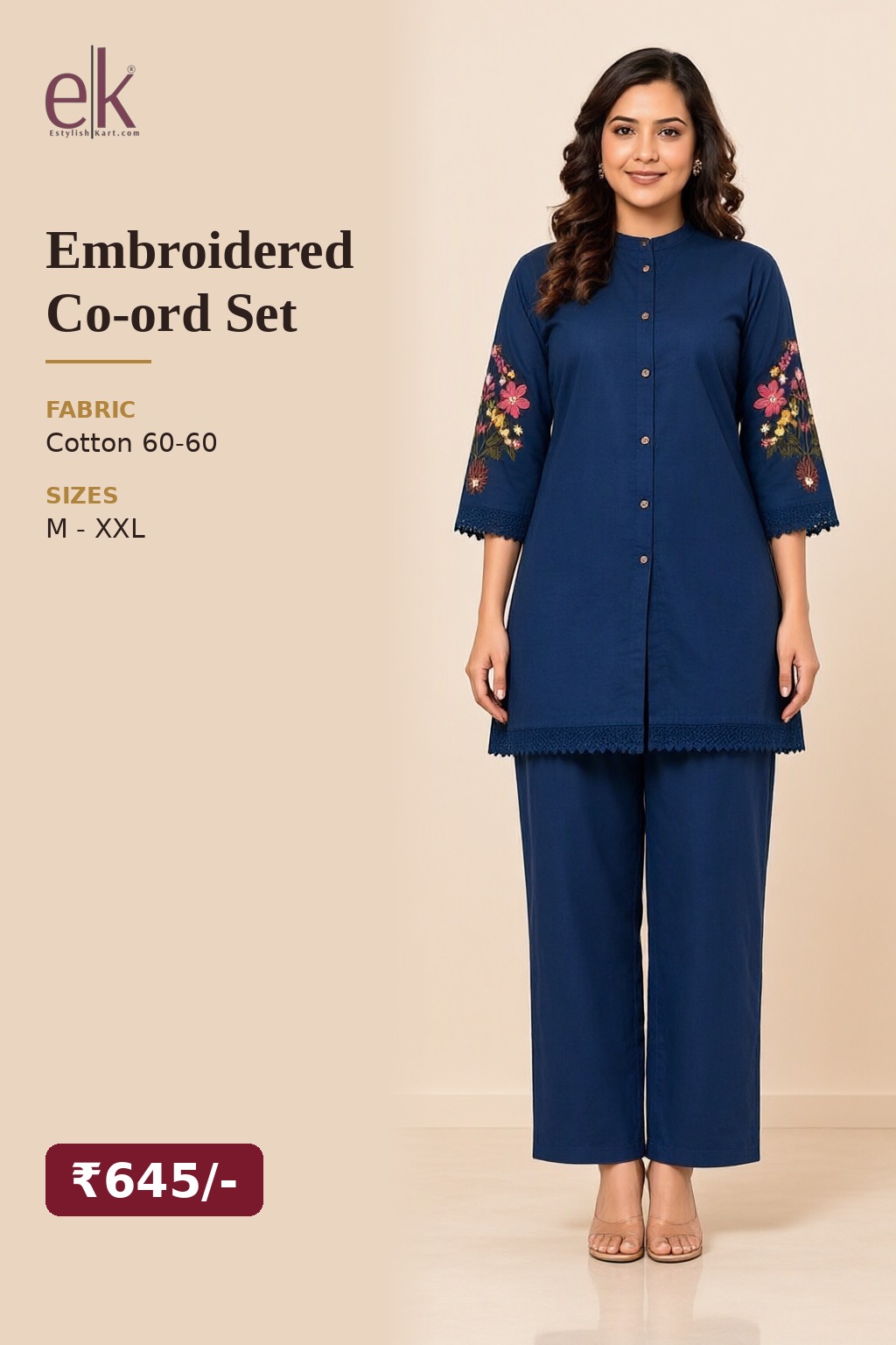 Women's Cotton Embroidered Co-ord Set Navy Blue – Sleeve Embroidery — view 5
