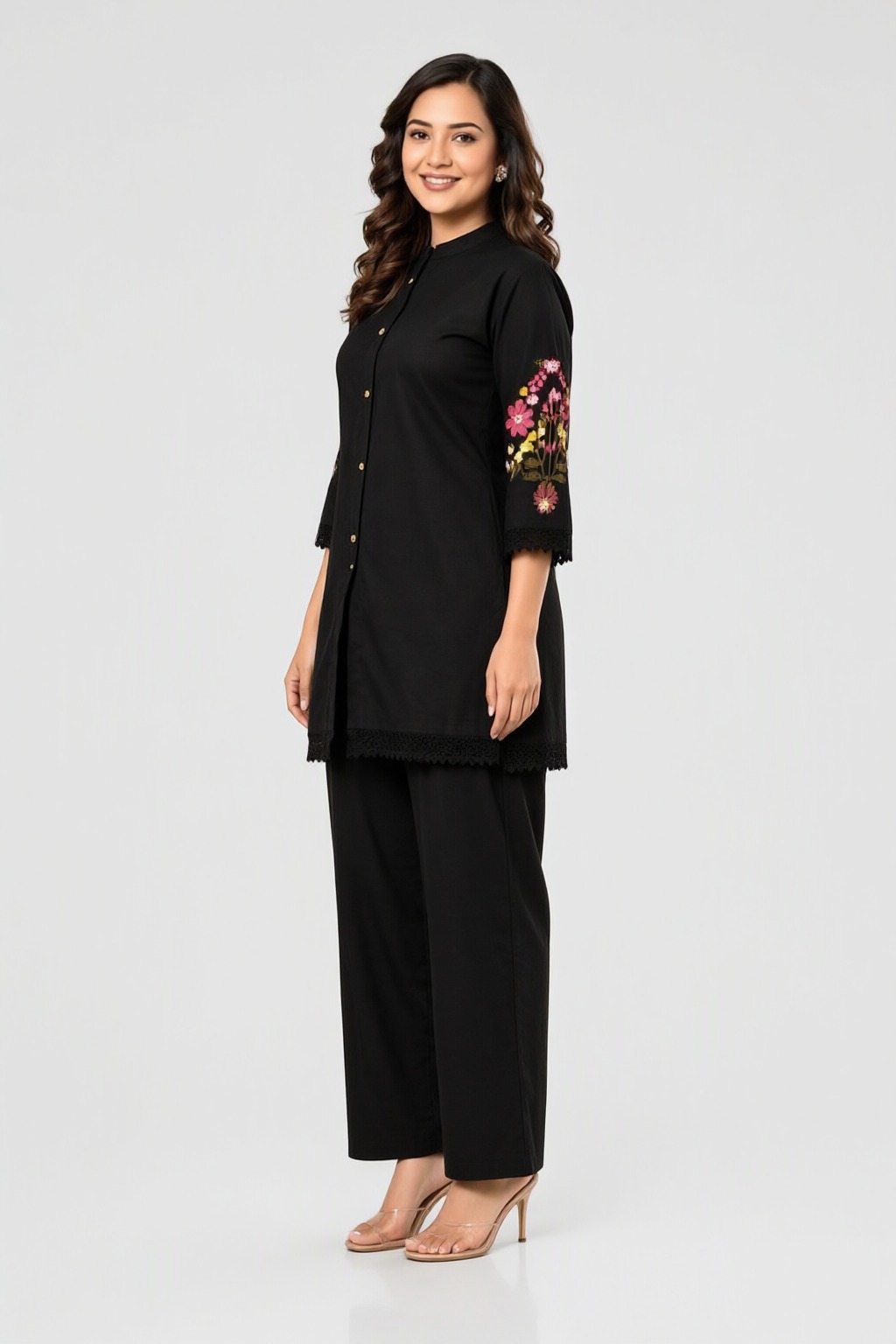 Women's Cotton Embroidered Co-ord Set Black – Sleeve Embroidery — view 2