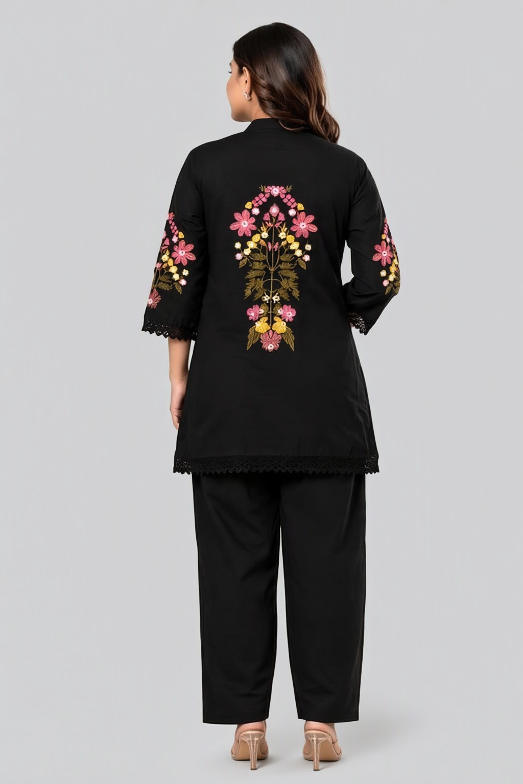 Women's Cotton Embroidered Co-ord Set Black – Sleeve Embroidery — view 3