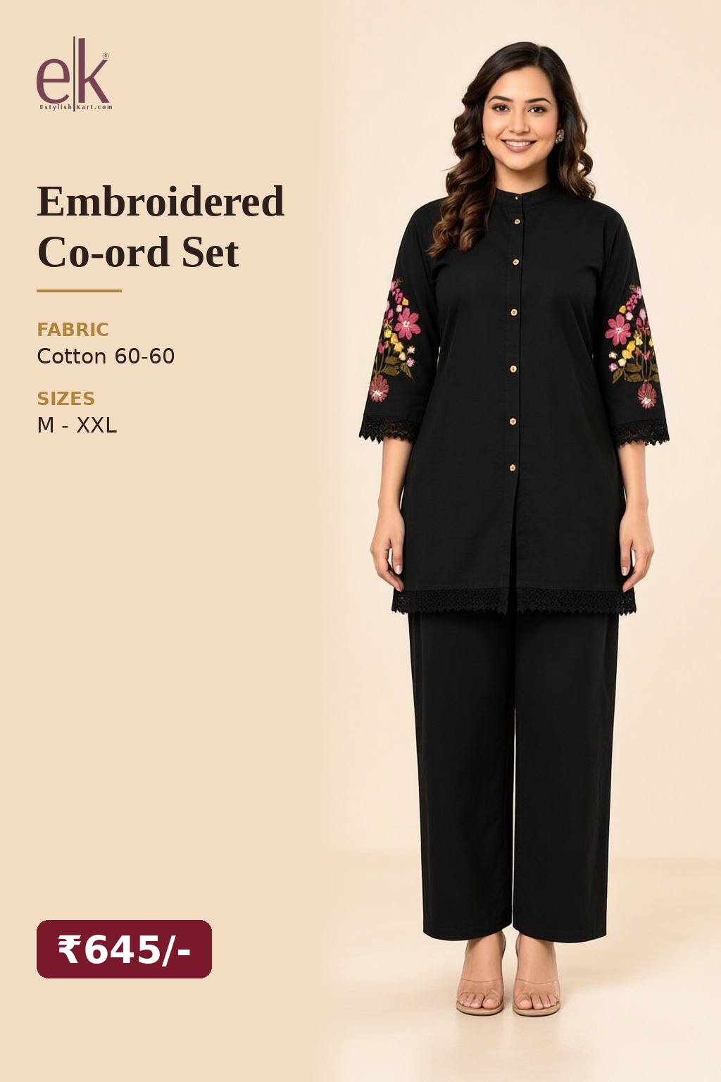 Women's Cotton Embroidered Co-ord Set Black – Sleeve Embroidery — view 5