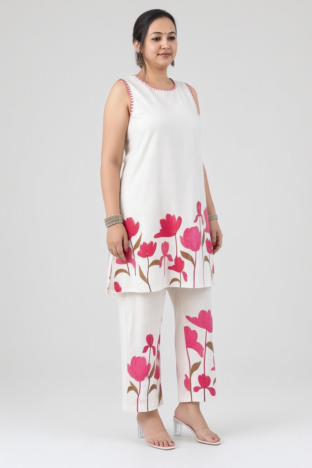 Women's Cotton Flex Co-ord Set White – Floral Print — view 2