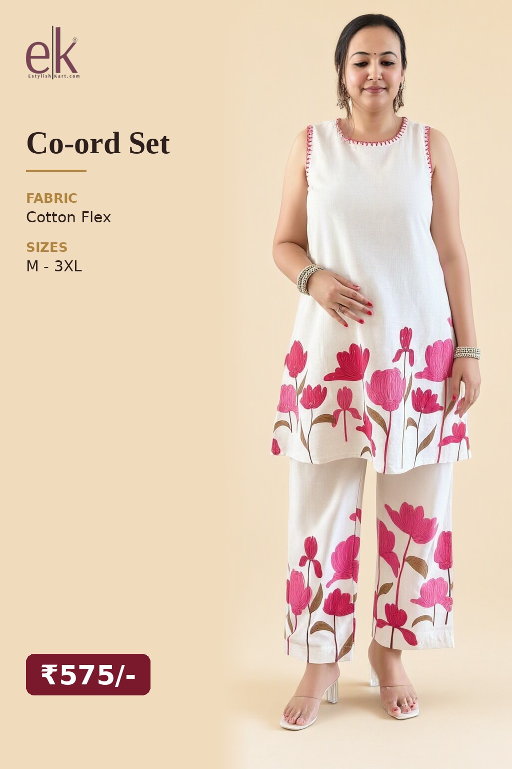 Women's Cotton Flex Co-ord Set White – Floral Print — view 5