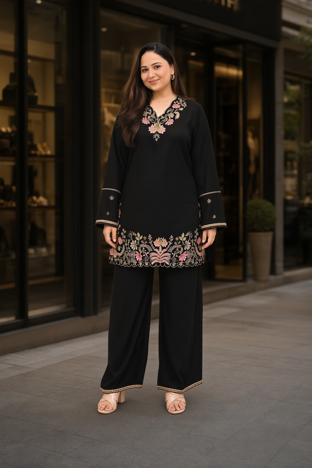 Women's Cotton Embroidered Co-ord Set Black – Hem Embroidery — view 4