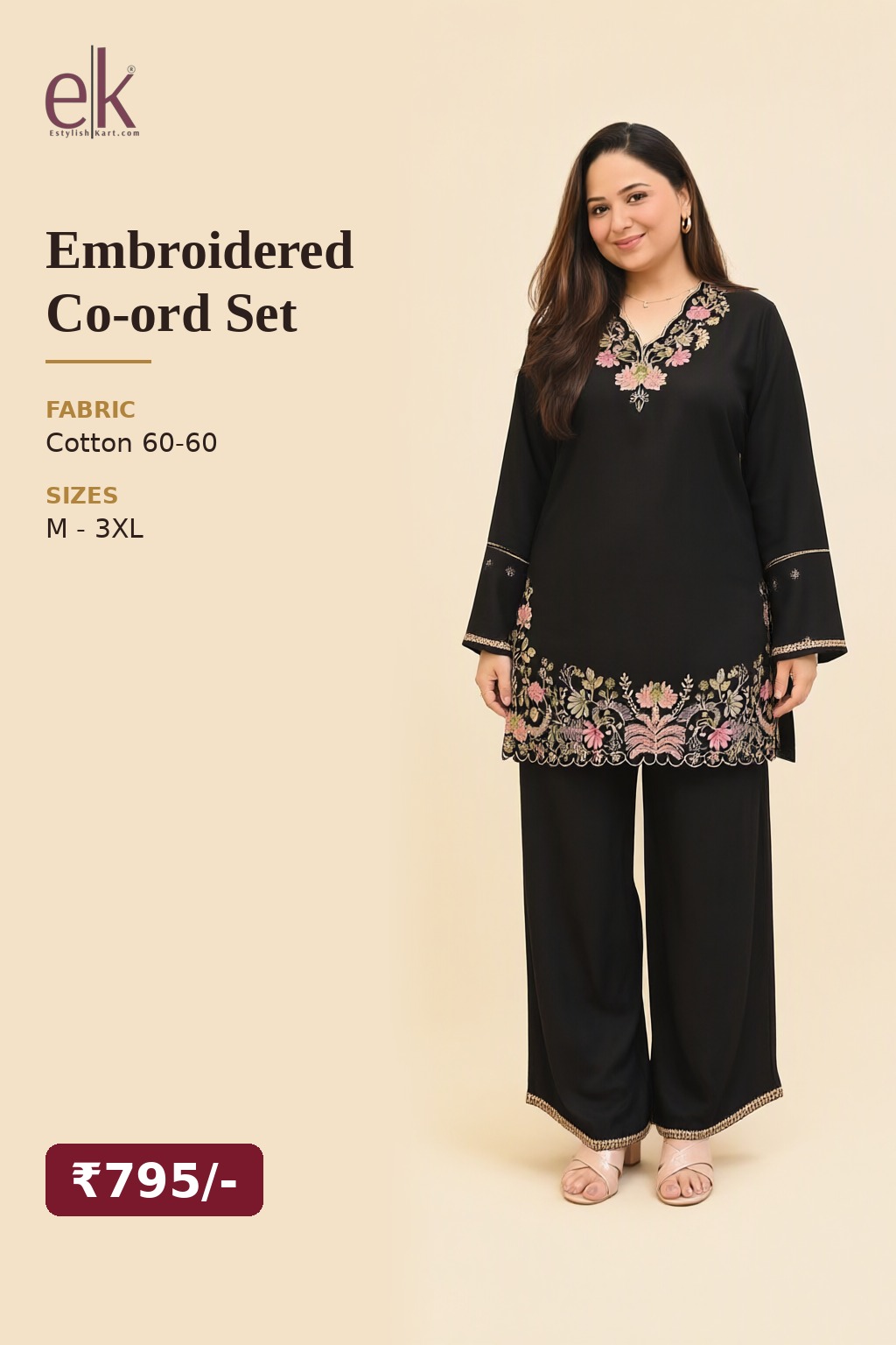 Women's Cotton Embroidered Co-ord Set Black – Hem Embroidery — view 5