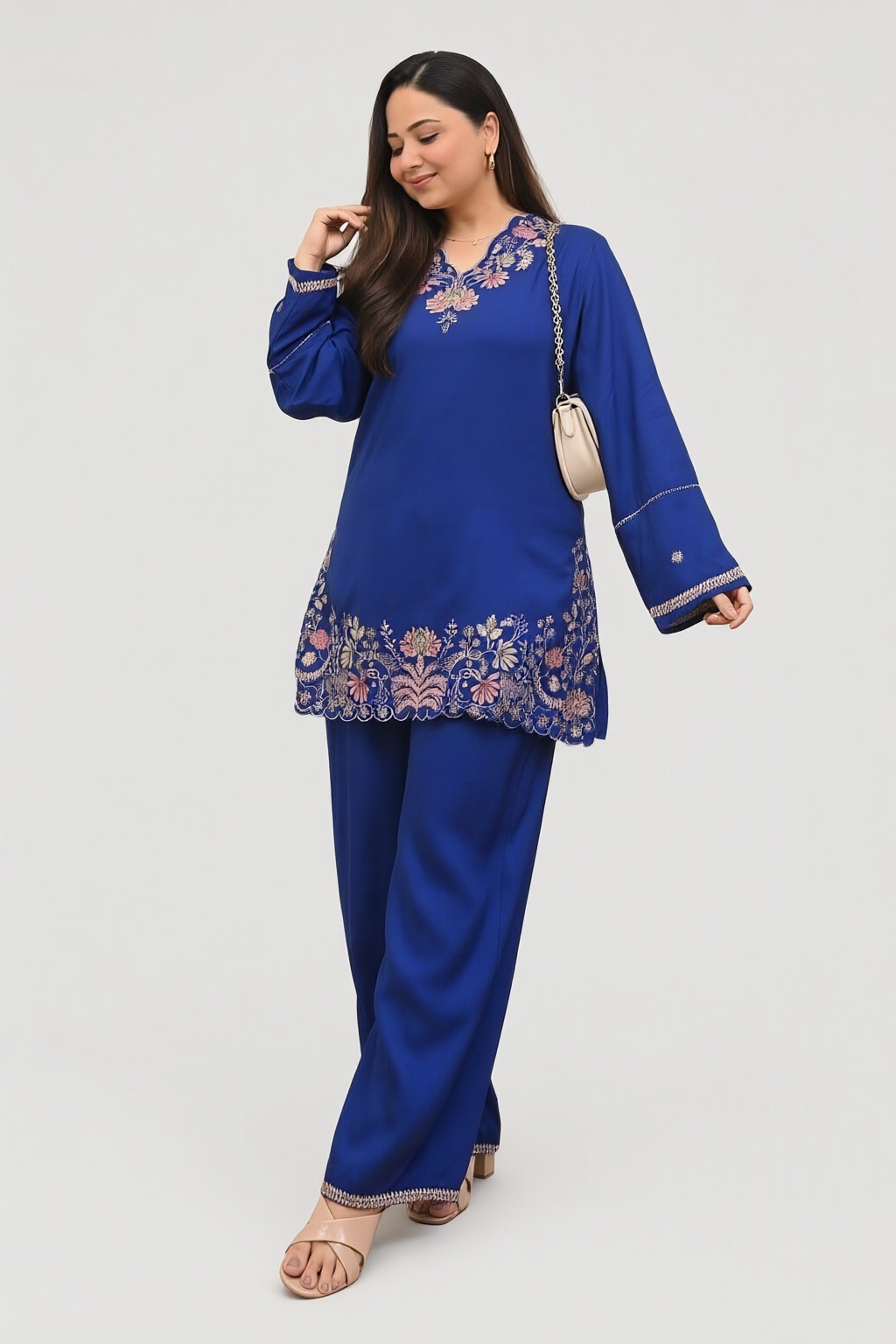Women's Cotton Embroidered Co-ord Set Royal Blue – Floral Hem Embroidery — view 2