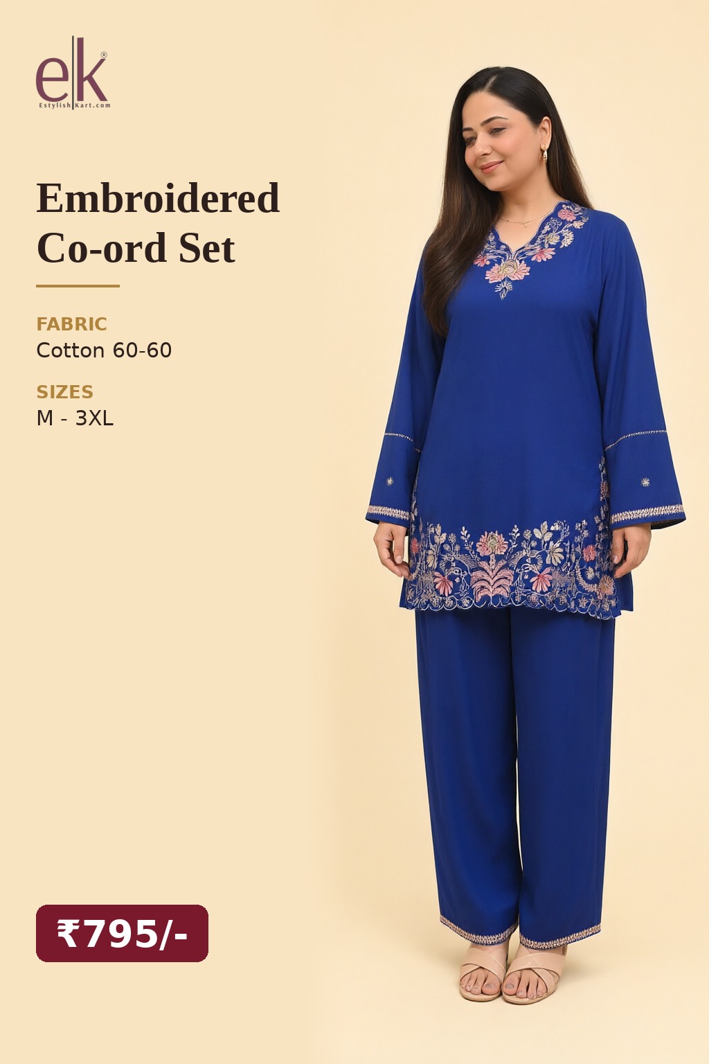 Women's Cotton Embroidered Co-ord Set Royal Blue – Floral Hem Embroidery — view 5