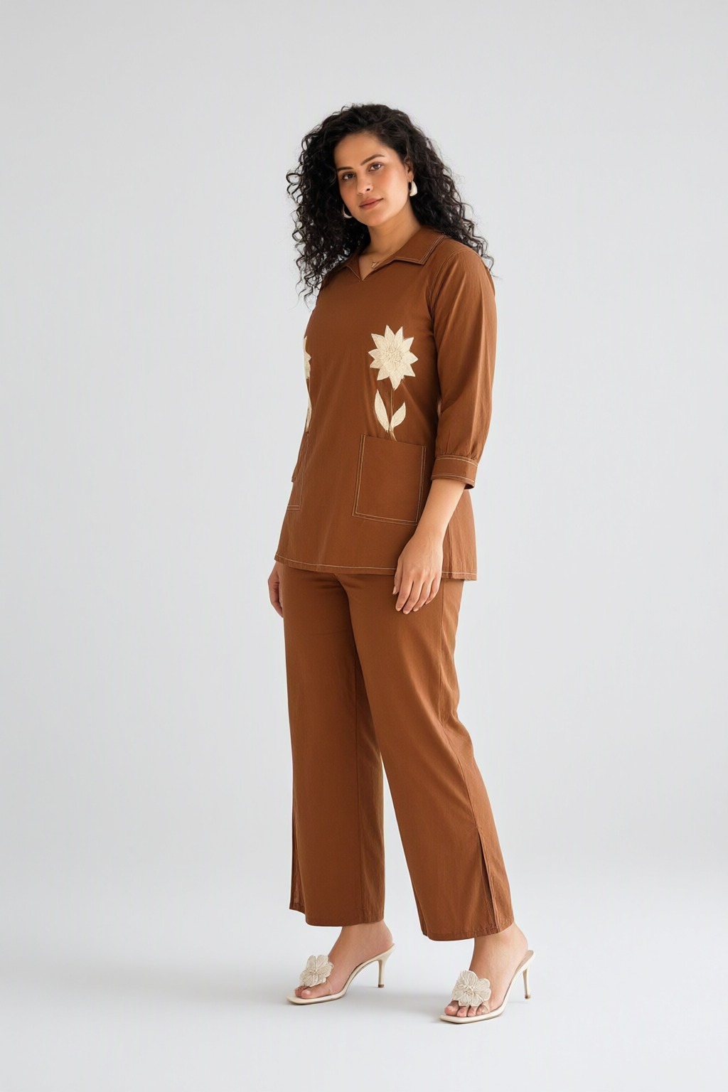 Women's Cotton Flex Co-ord Set Tan Brown – Floral Appliqué — view 2