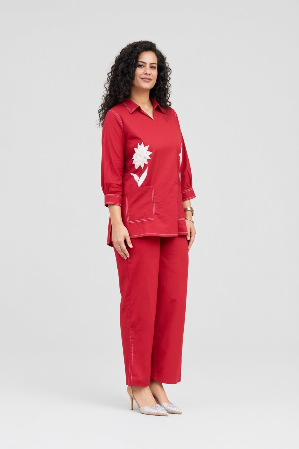 Women's Cotton Flex Co-ord Set Red – Floral Appliqué — view 2