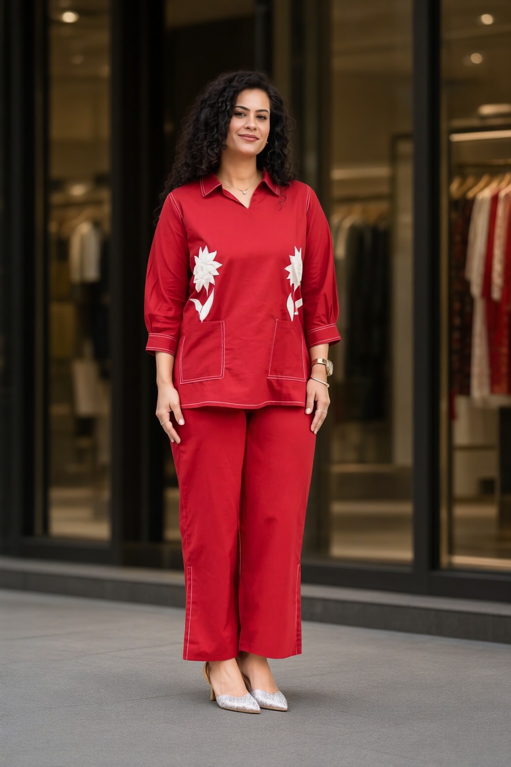 Women's Cotton Flex Co-ord Set Red – Floral Appliqué — view 4
