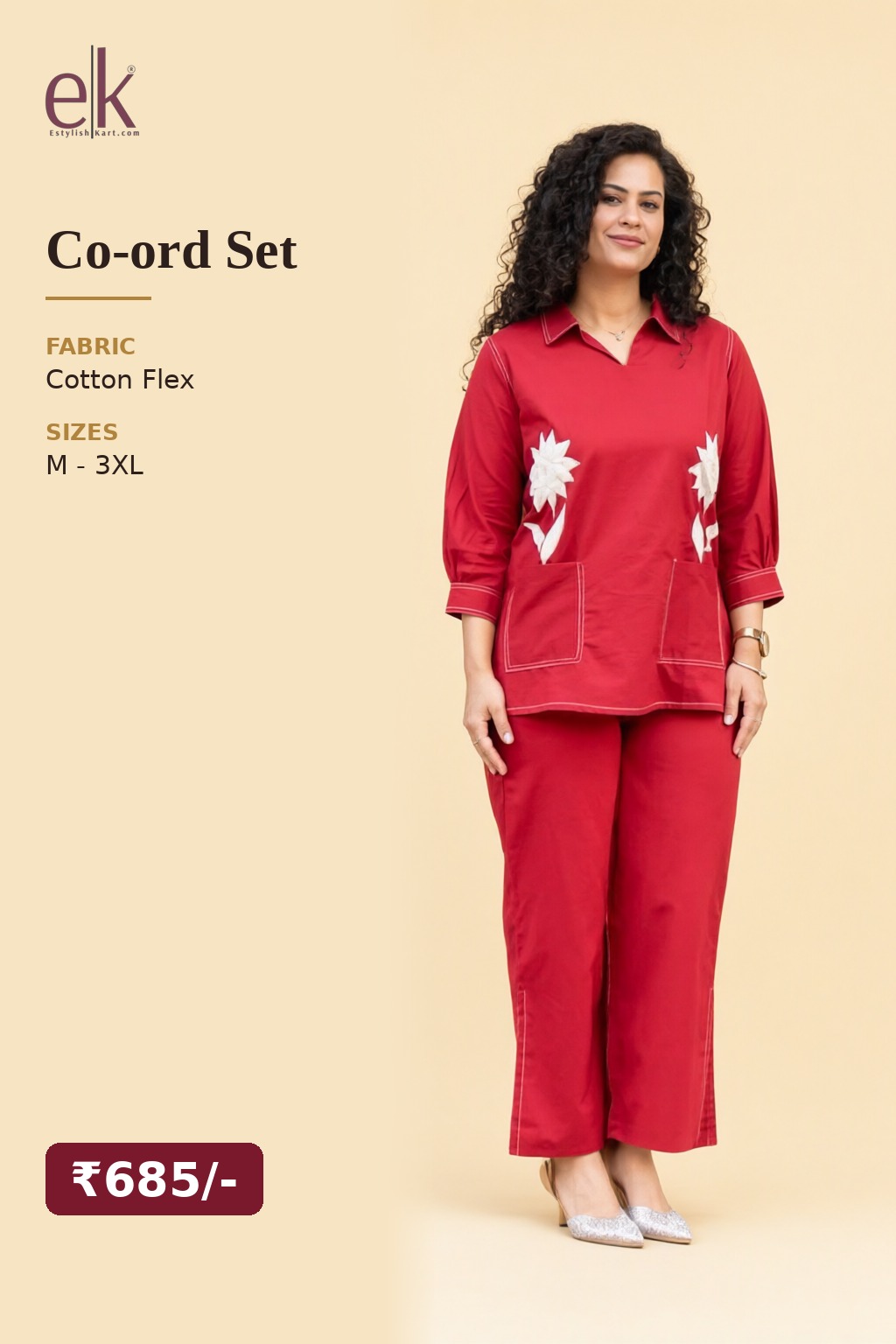 Women's Cotton Flex Co-ord Set Red – Floral Appliqué — view 5