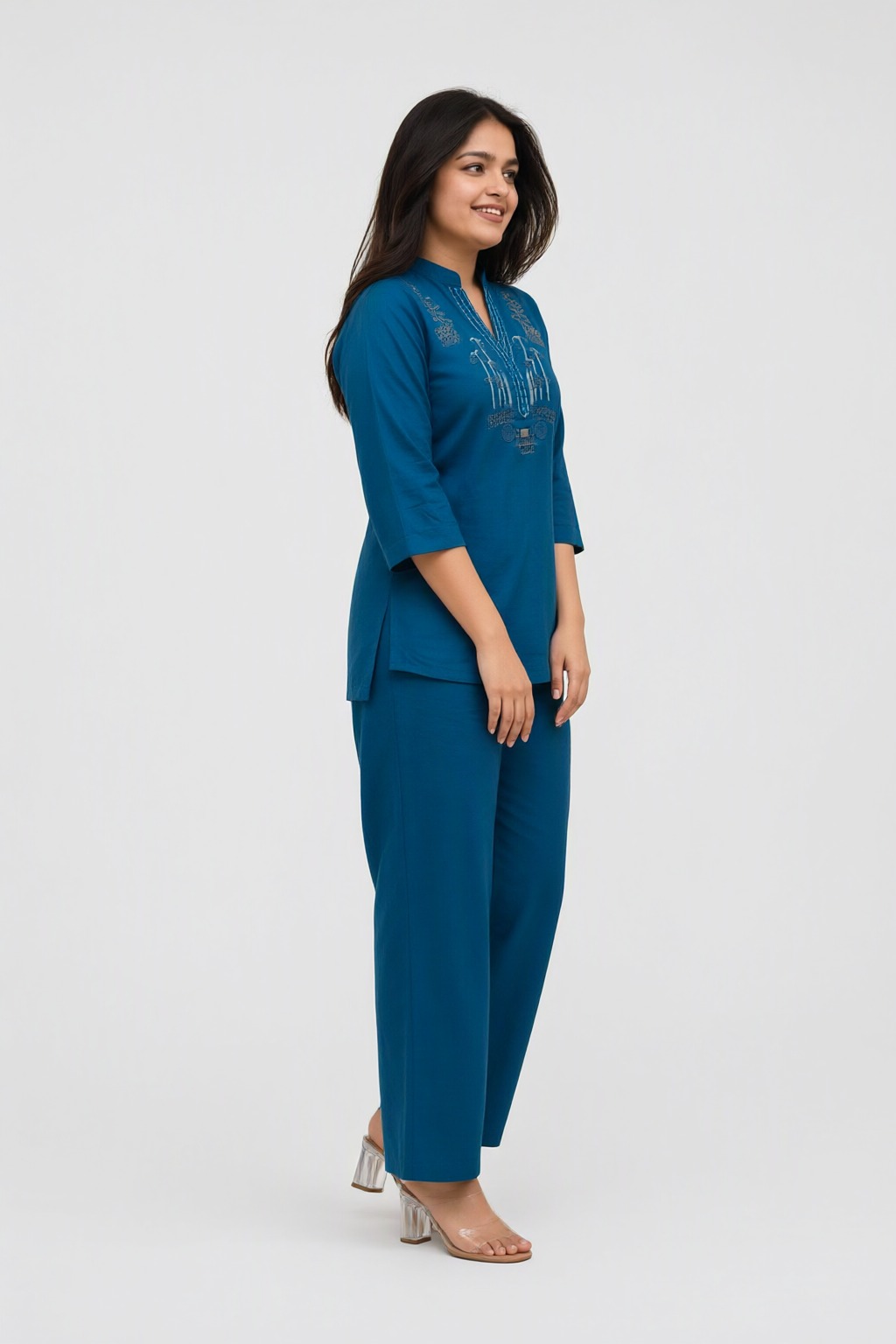 Women's Cotton Flex Embroidered Co-ord Set Teal Blue – Yoke Embroidery — view 2