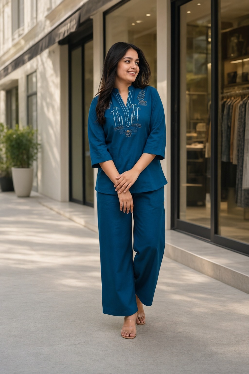 Women's Cotton Flex Embroidered Co-ord Set Teal Blue – Yoke Embroidery — view 4