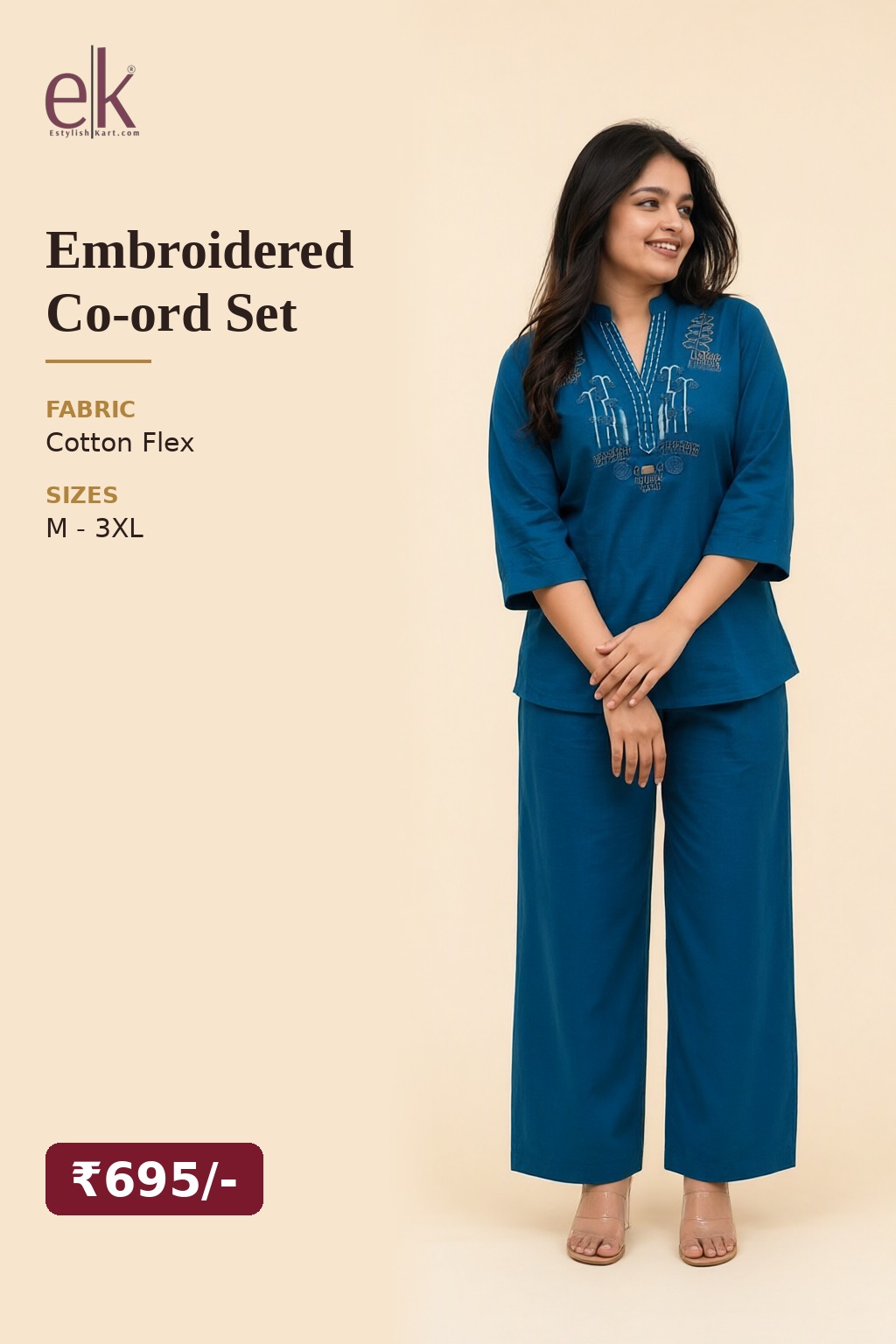 Women's Cotton Flex Embroidered Co-ord Set Teal Blue – Yoke Embroidery — view 5