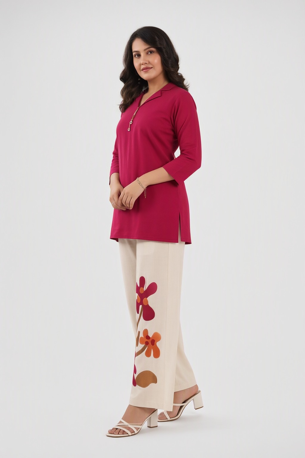 Women's Cotton Flex Co-ord Set Magenta – Floral Appliqué Pant — view 2