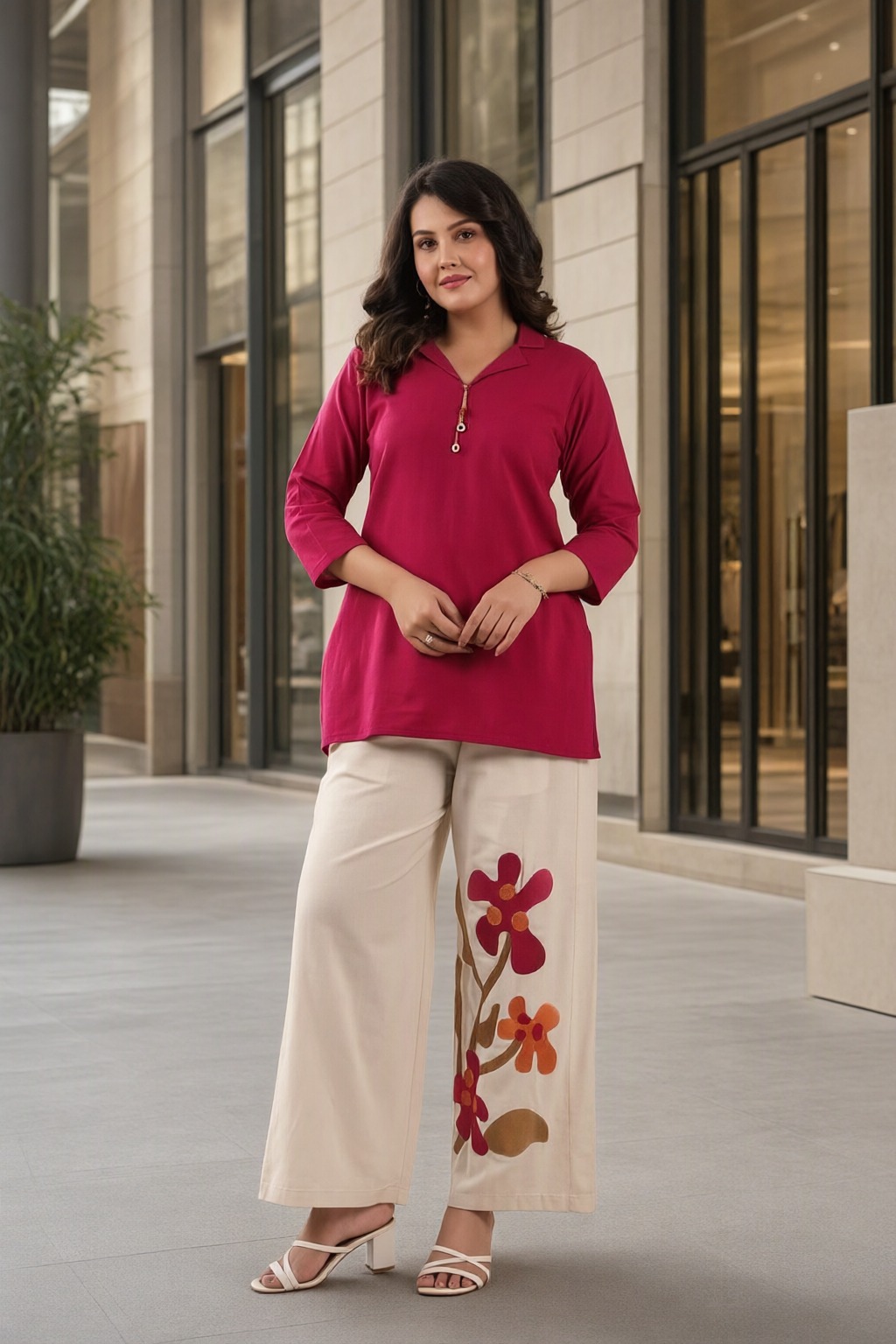 Women's Cotton Flex Co-ord Set Magenta – Floral Appliqué Pant — view 4