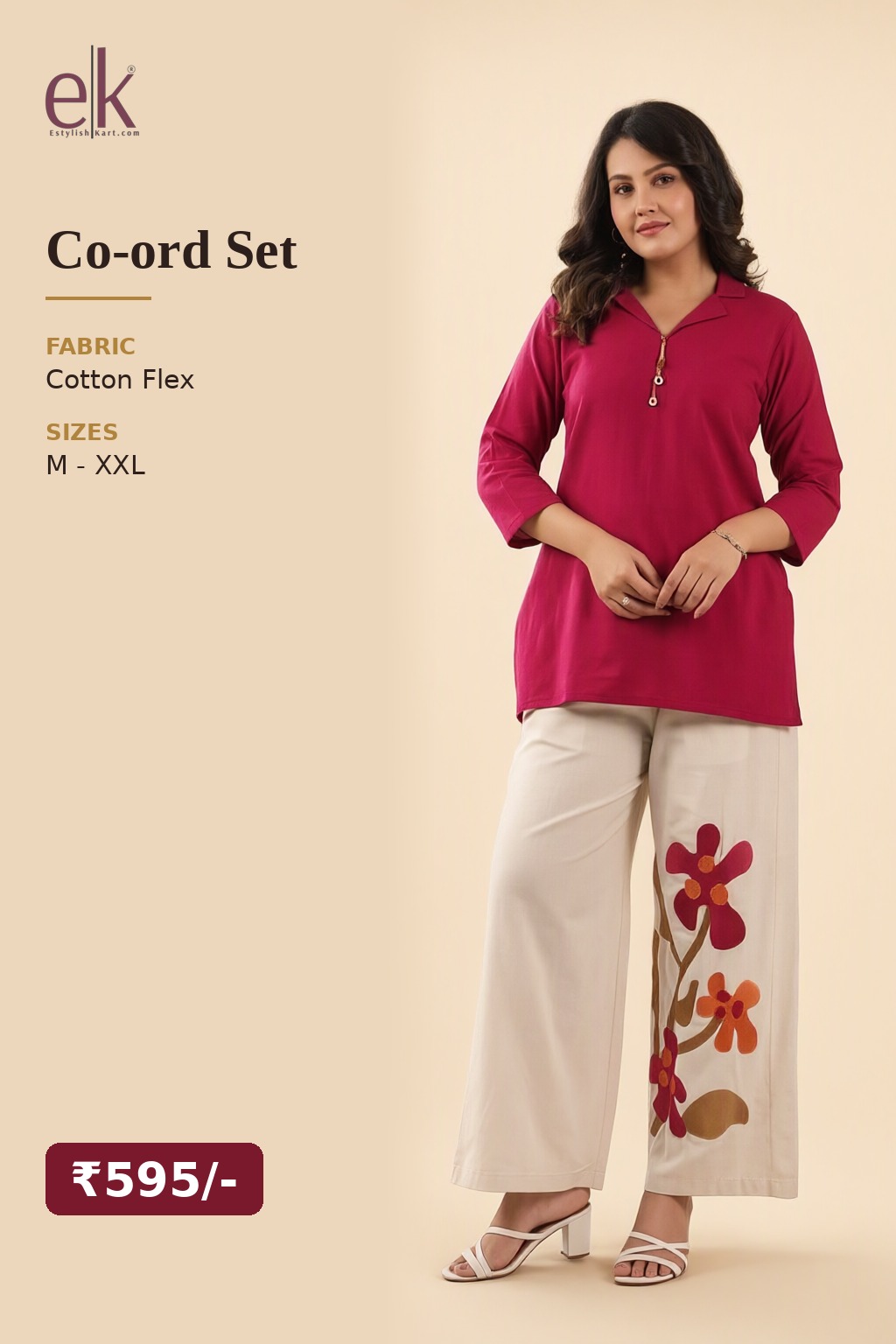 Women's Cotton Flex Co-ord Set Magenta – Floral Appliqué Pant — view 5