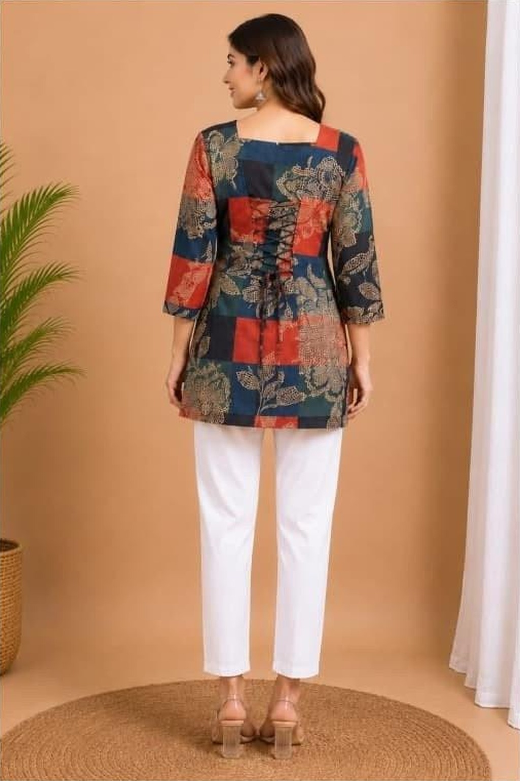 Women's Cotton Back Dori Short Top Multicolour – Patchwork Print — view 3