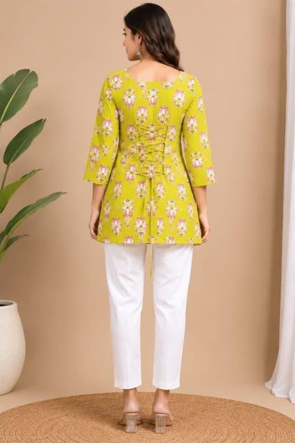 Women's Cotton Back Dori Short Top Lime Yellow – Buti Print — view 3