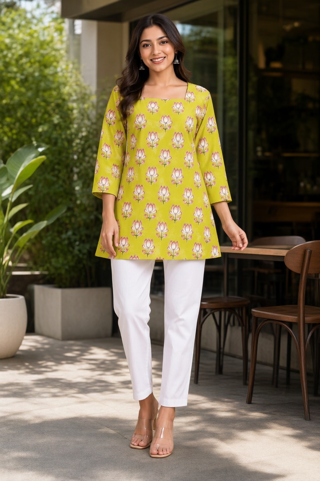 Women's Cotton Back Dori Short Top Lime Yellow – Buti Print — view 5