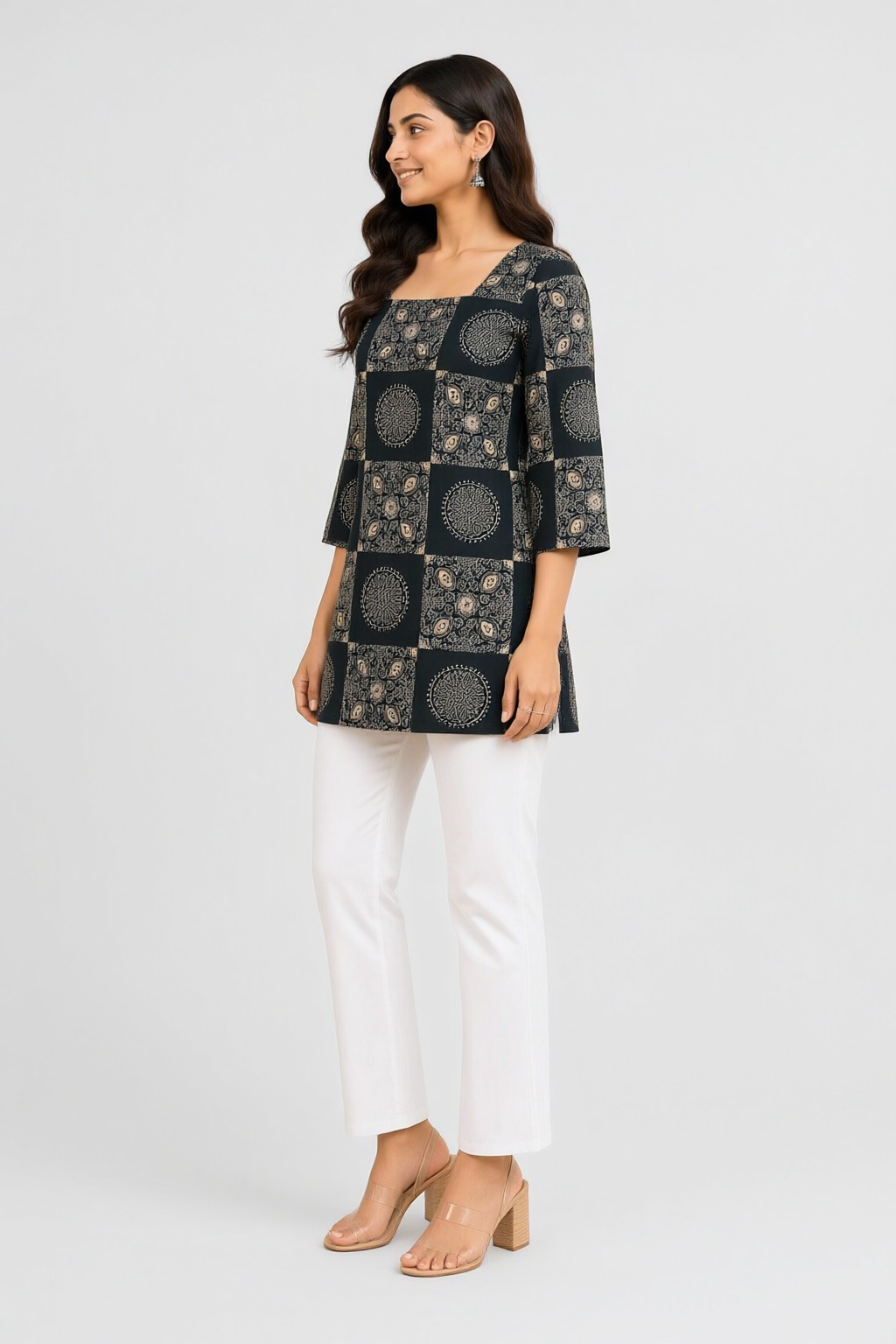 Women's Cotton Back Dori Short Top Black – Geometric Print — view 2