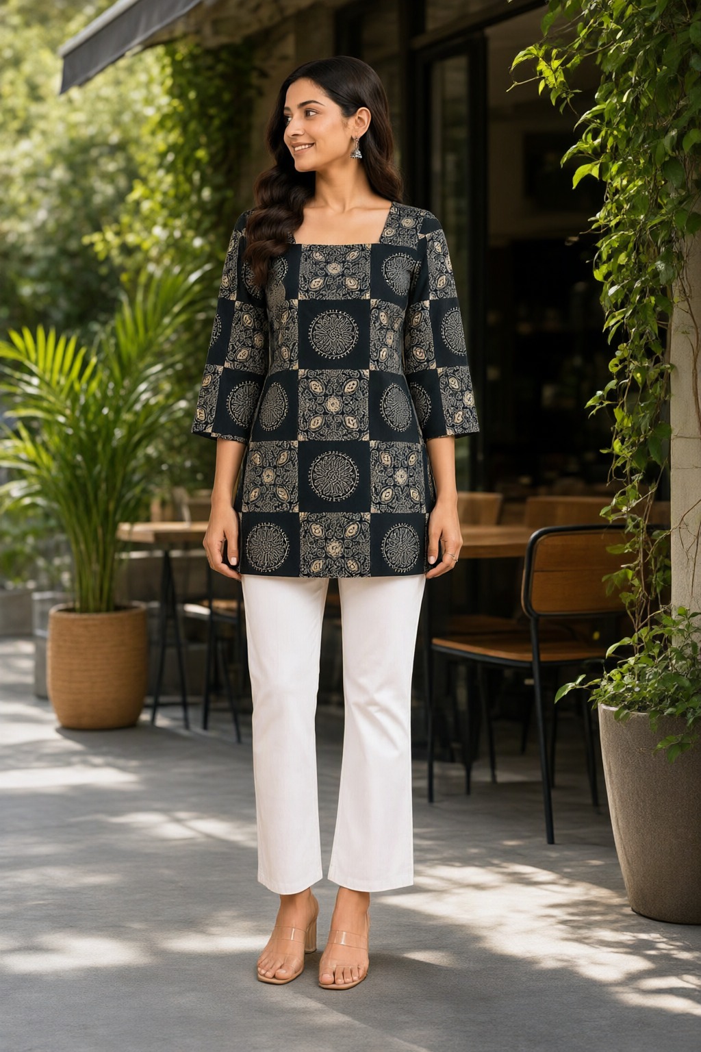 Women's Cotton Back Dori Short Top Black – Geometric Print — view 5