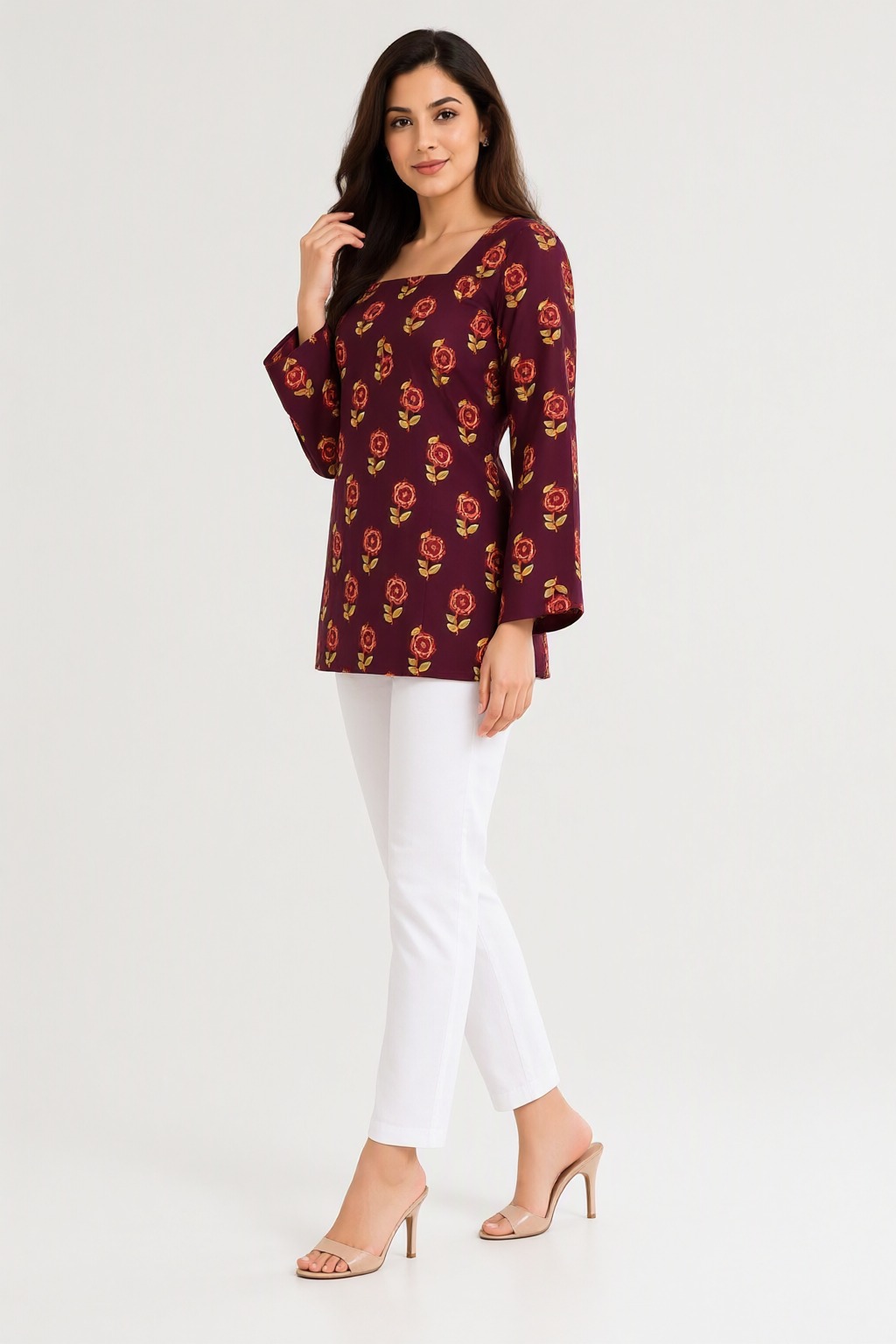 Women's Cotton Back Dori Short Top Maroon – Floral Buti Print — view 2