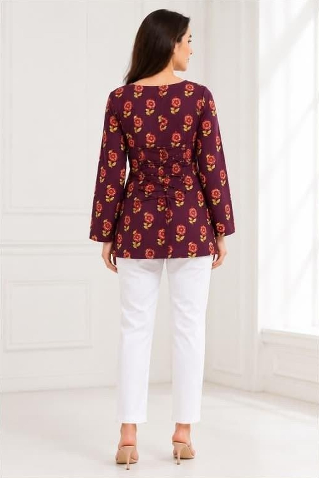 Women's Cotton Back Dori Short Top Maroon – Floral Buti Print — view 3