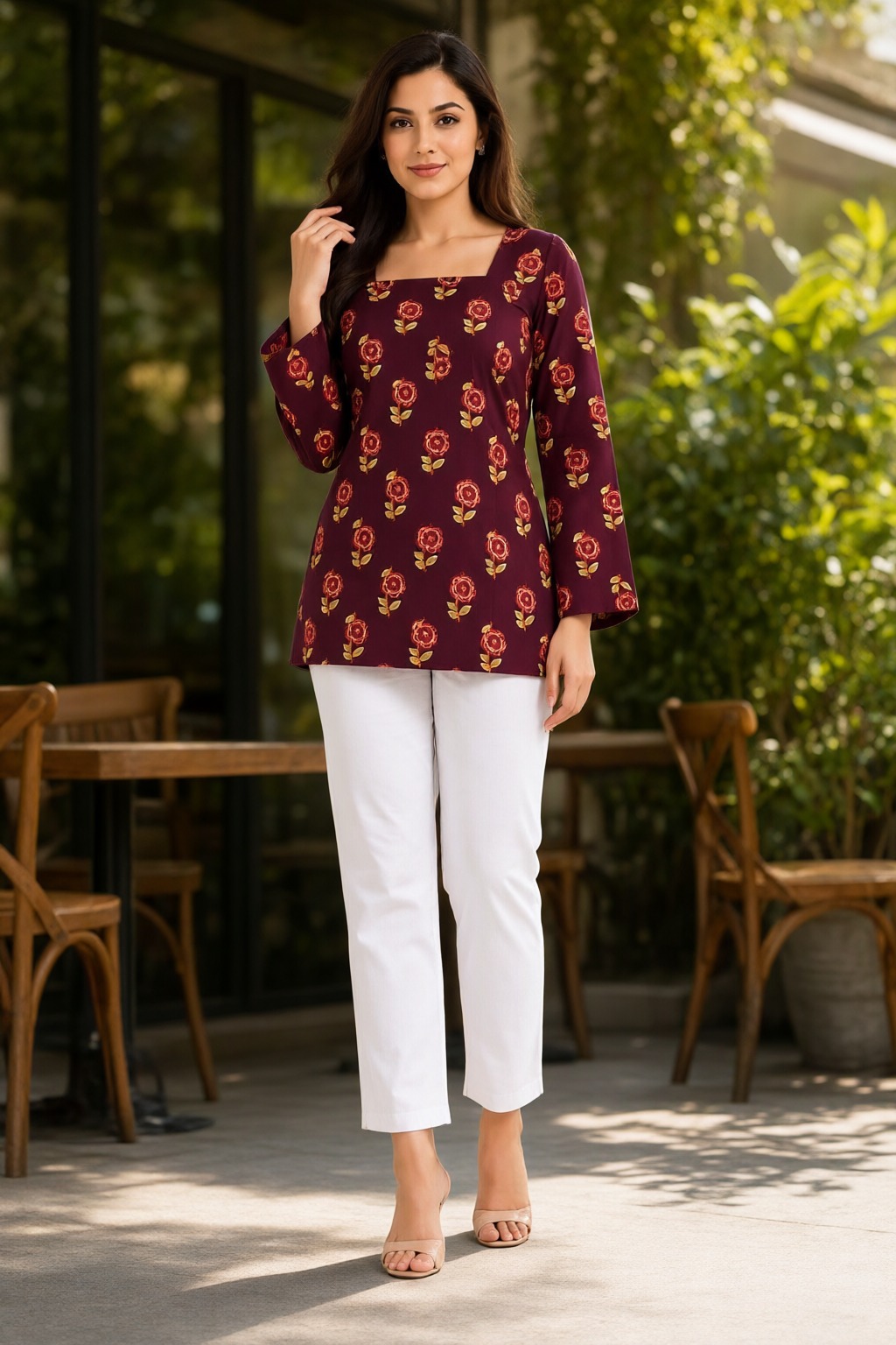 Women's Cotton Back Dori Short Top Maroon – Floral Buti Print — view 5