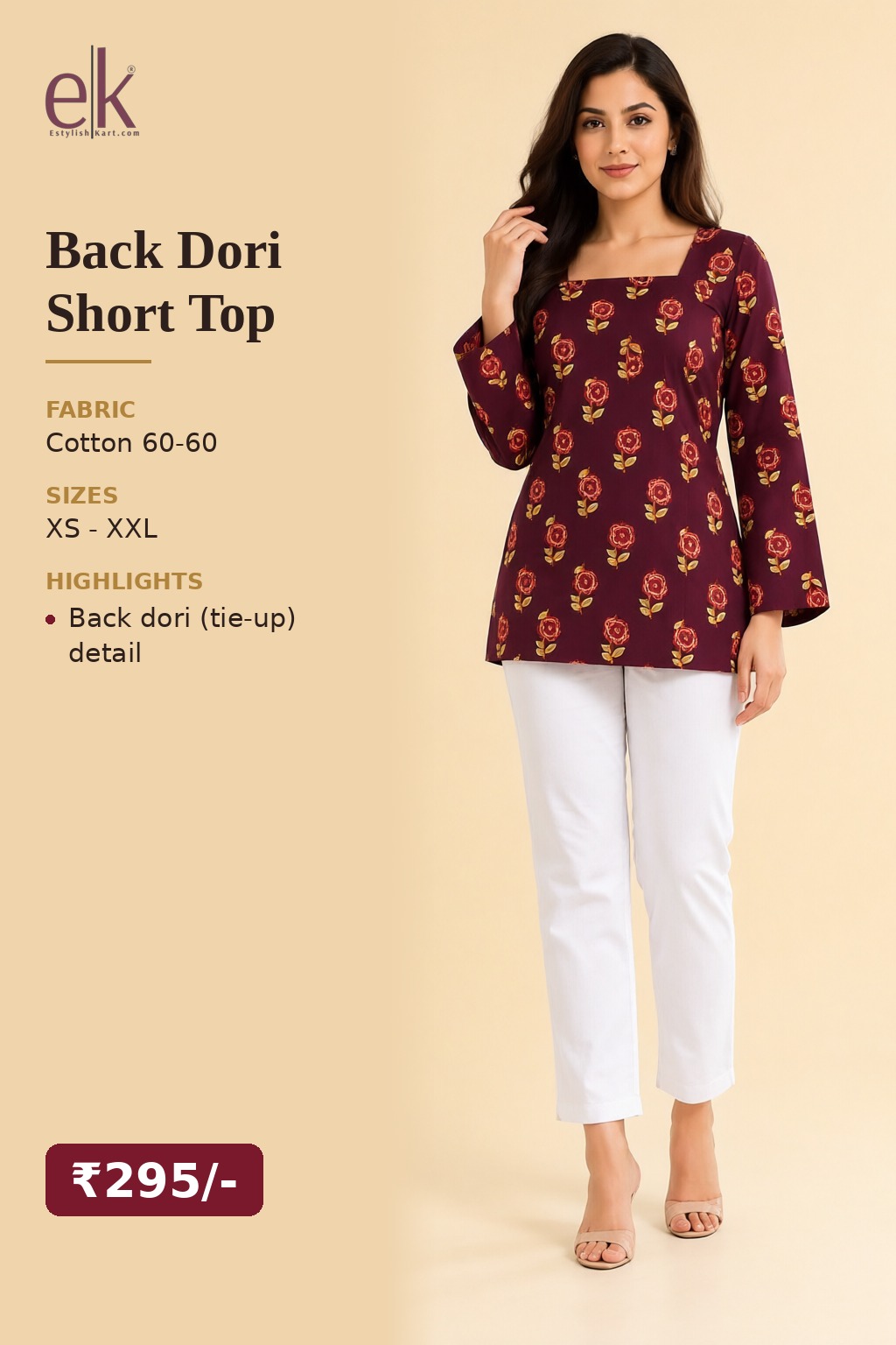 Women's Cotton Back Dori Short Top Maroon – Floral Buti Print — view 6