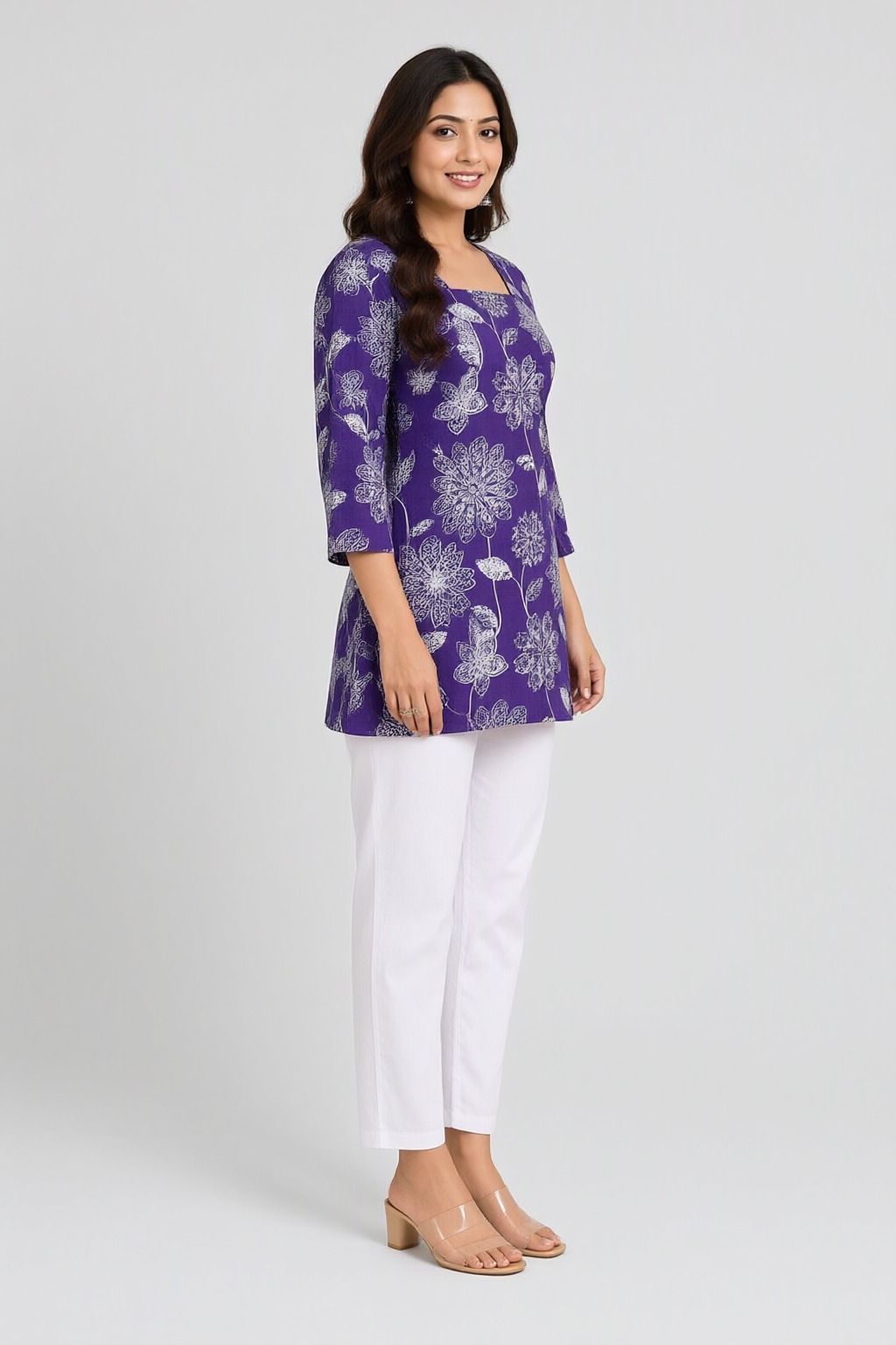 Women's Cotton Back Dori Short Top Purple – Floral Print — view 2