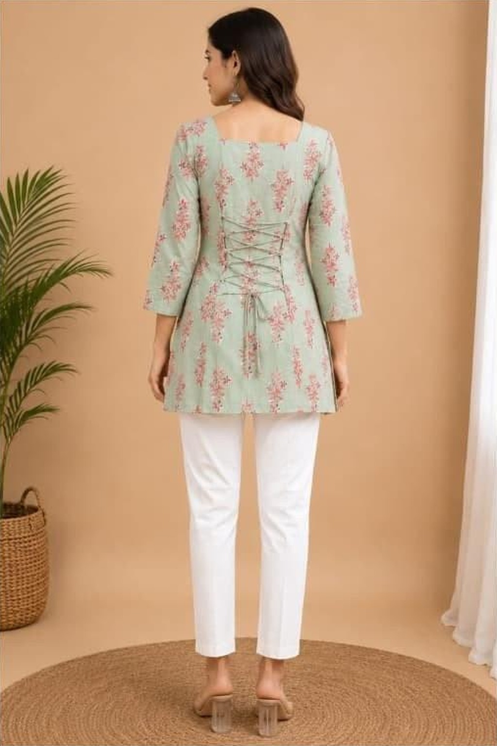 Women's Cotton Back Dori Short Top Sage Green – Floral Buti Print — view 3
