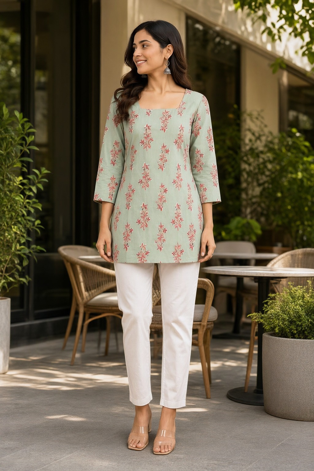 Women's Cotton Back Dori Short Top Sage Green – Floral Buti Print — view 5