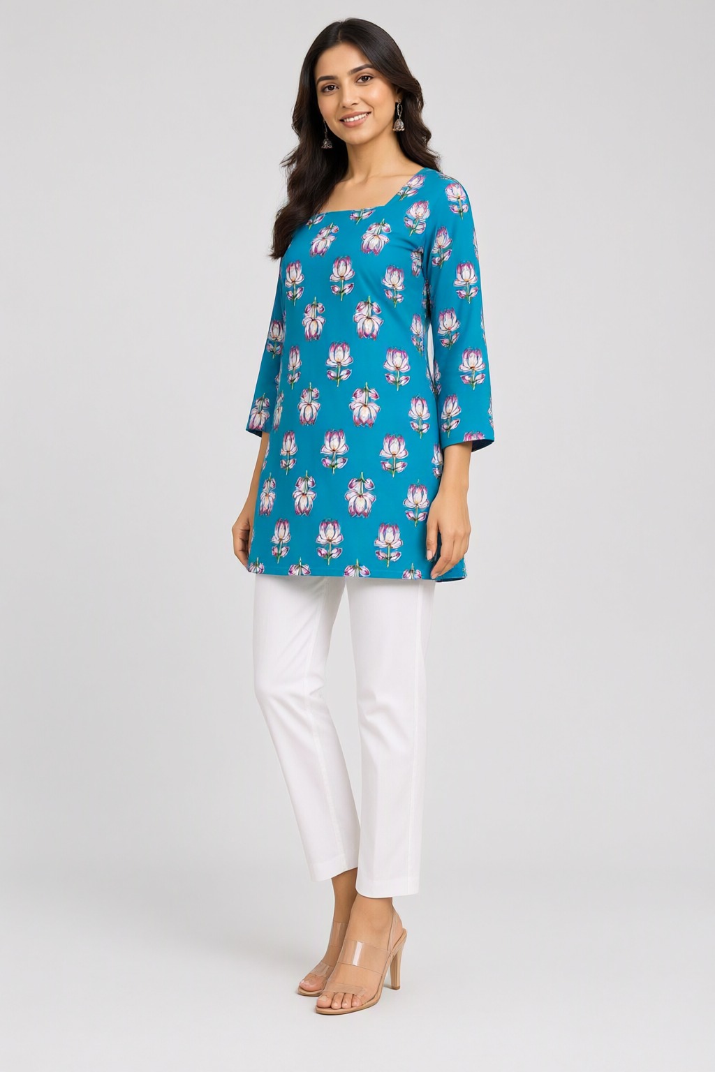 Women's Cotton Back Dori Short Top Sky Blue – Floral Buti Print — view 2