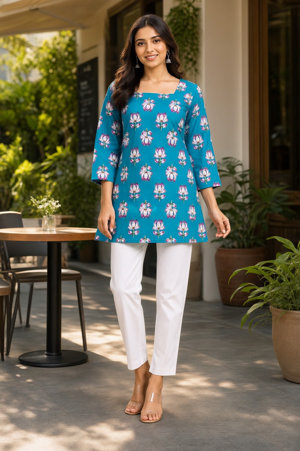 Women's Cotton Back Dori Short Top Sky Blue – Floral Buti Print — view 5