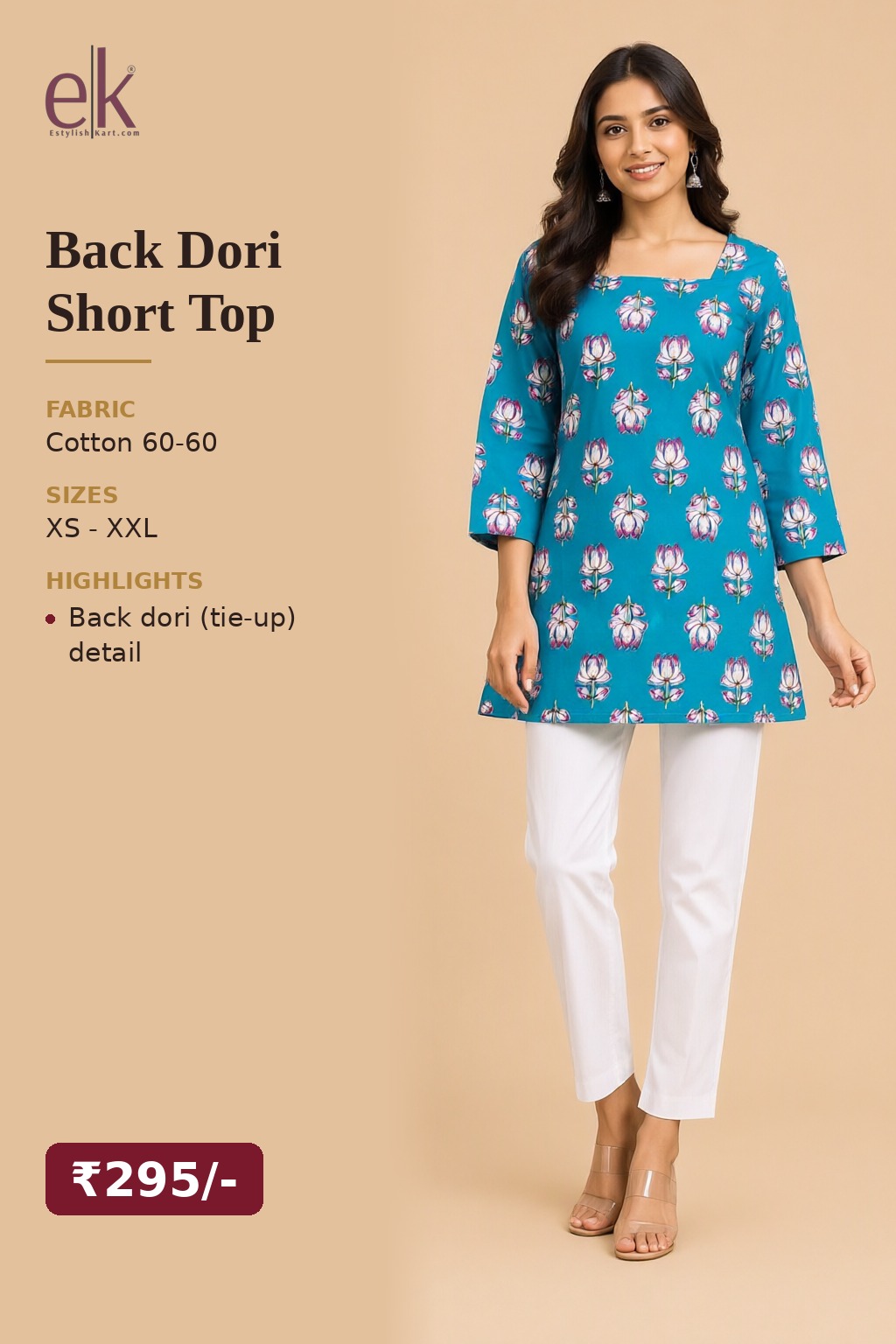 Women's Cotton Back Dori Short Top Sky Blue – Floral Buti Print — view 6