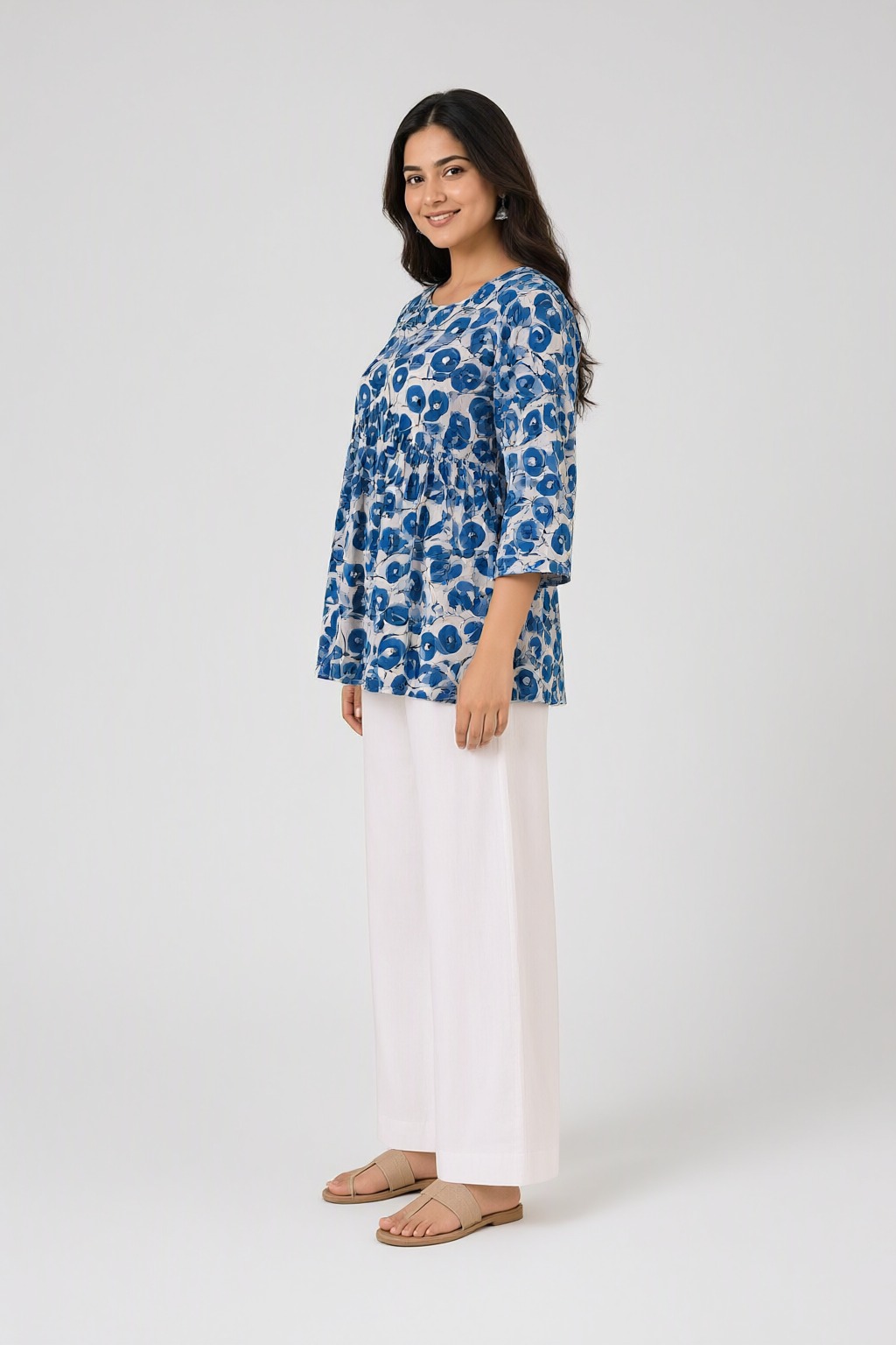 Women's Cotton Flared Short Top Blue – Floral Print — view 2