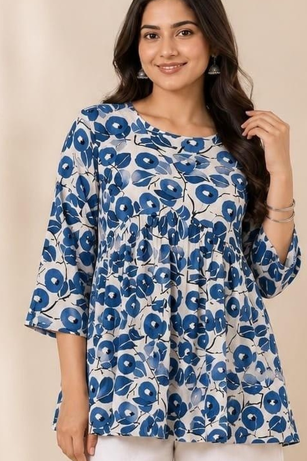 Women's Cotton Flared Short Top Blue – Floral Print — view 3