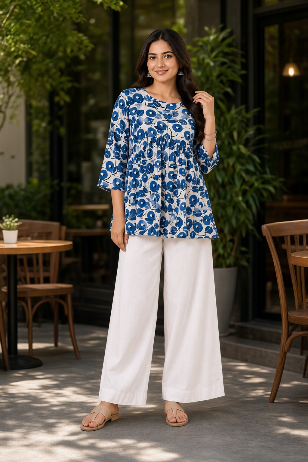 Women's Cotton Flared Short Top Blue – Floral Print — view 4
