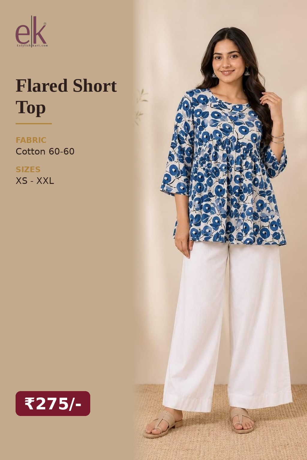 Women's Cotton Flared Short Top Blue – Floral Print — view 5