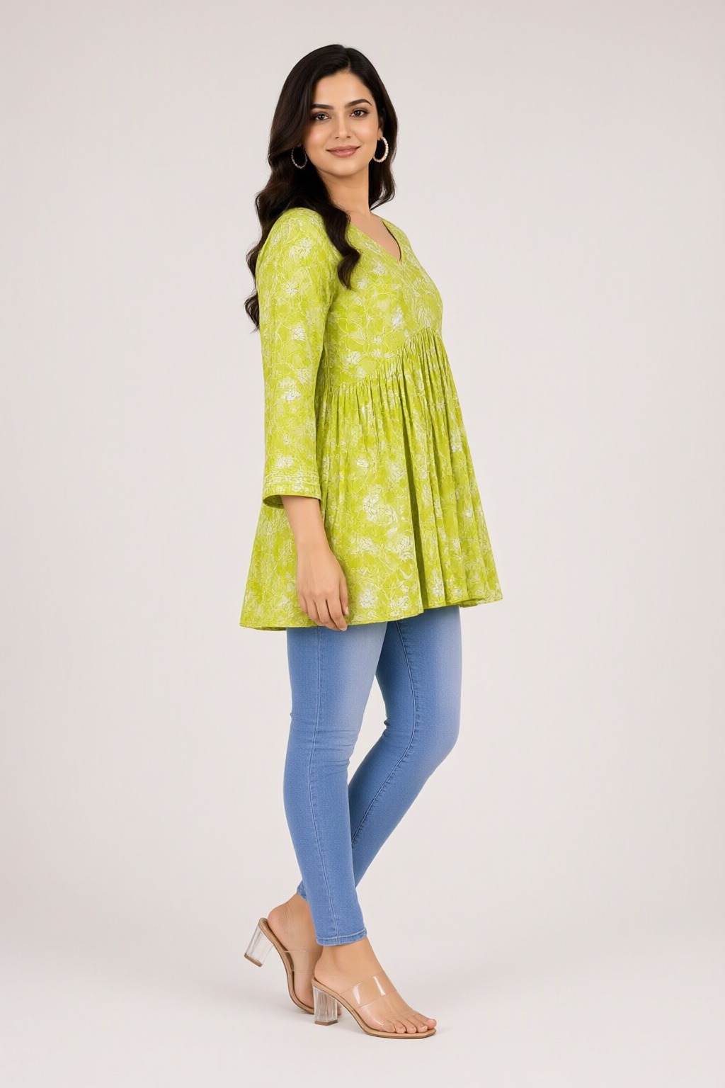 Women's Cotton Flared Short Top Lime Green – Floral Print — view 2
