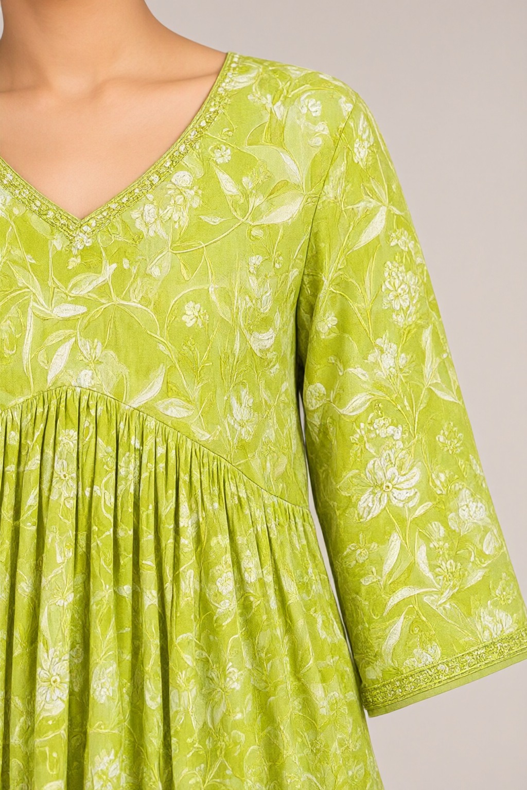 Women's Cotton Flared Short Top Lime Green – Floral Print — view 3