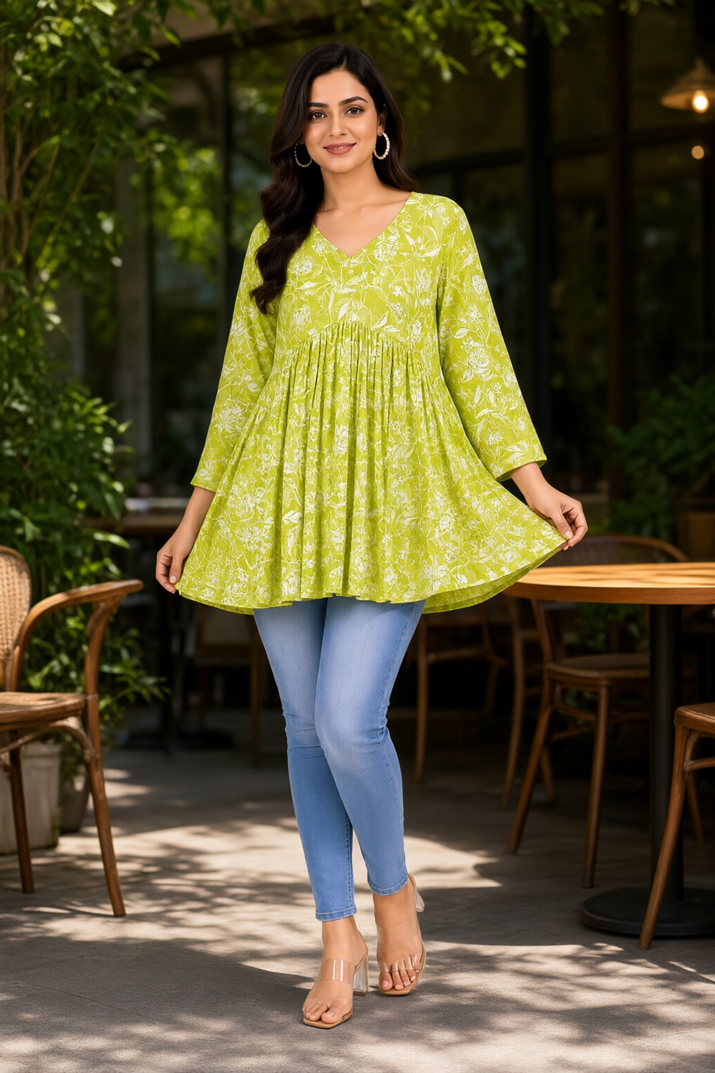 Women's Cotton Flared Short Top Lime Green – Floral Print — view 4