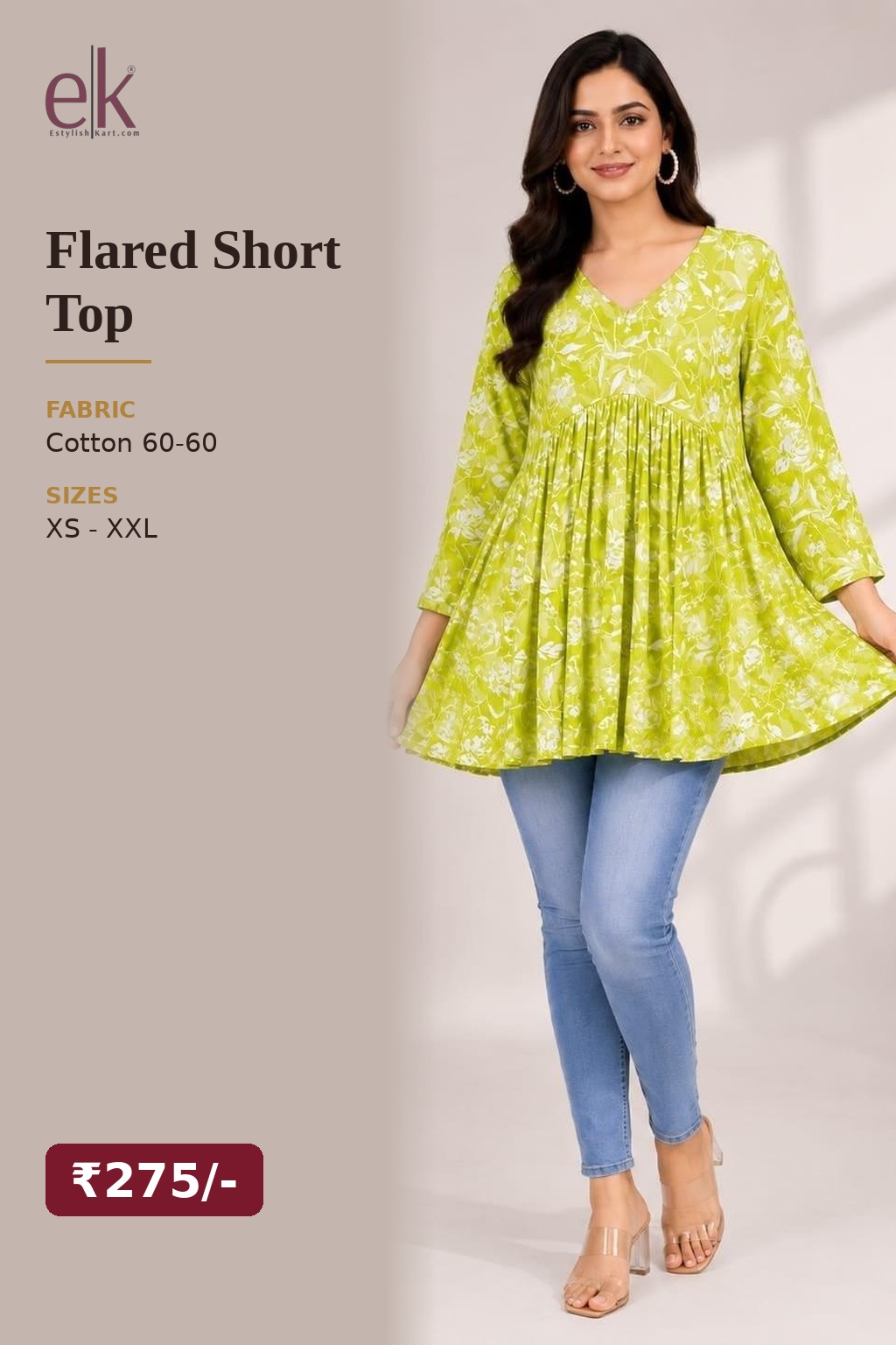 Women's Cotton Flared Short Top Lime Green – Floral Print — view 5
