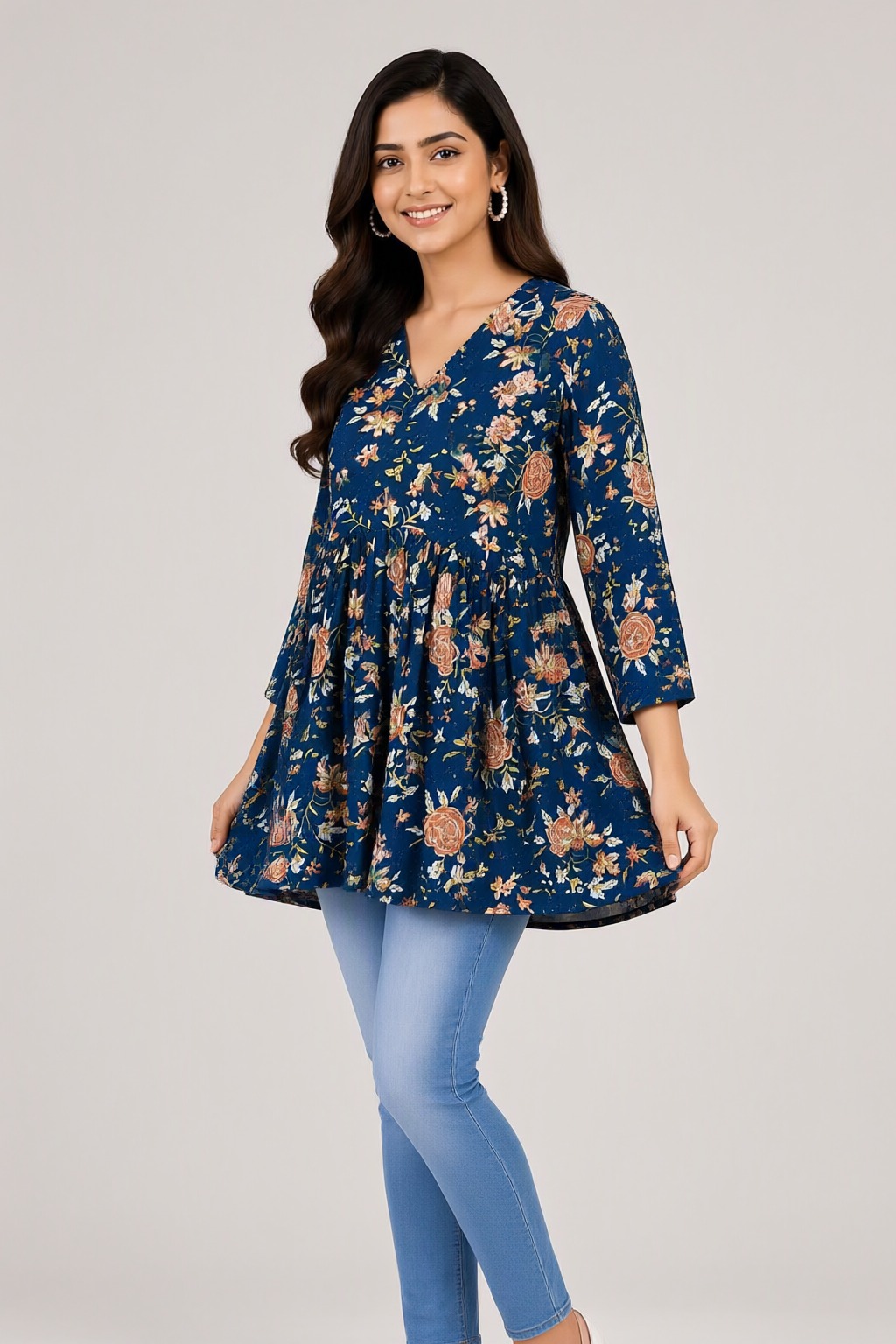 Women's Cotton Flared Short Top Navy Blue – Floral Print — view 2