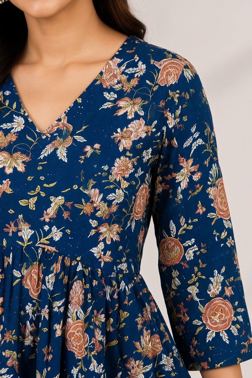 Women's Cotton Flared Short Top Navy Blue – Floral Print — view 3