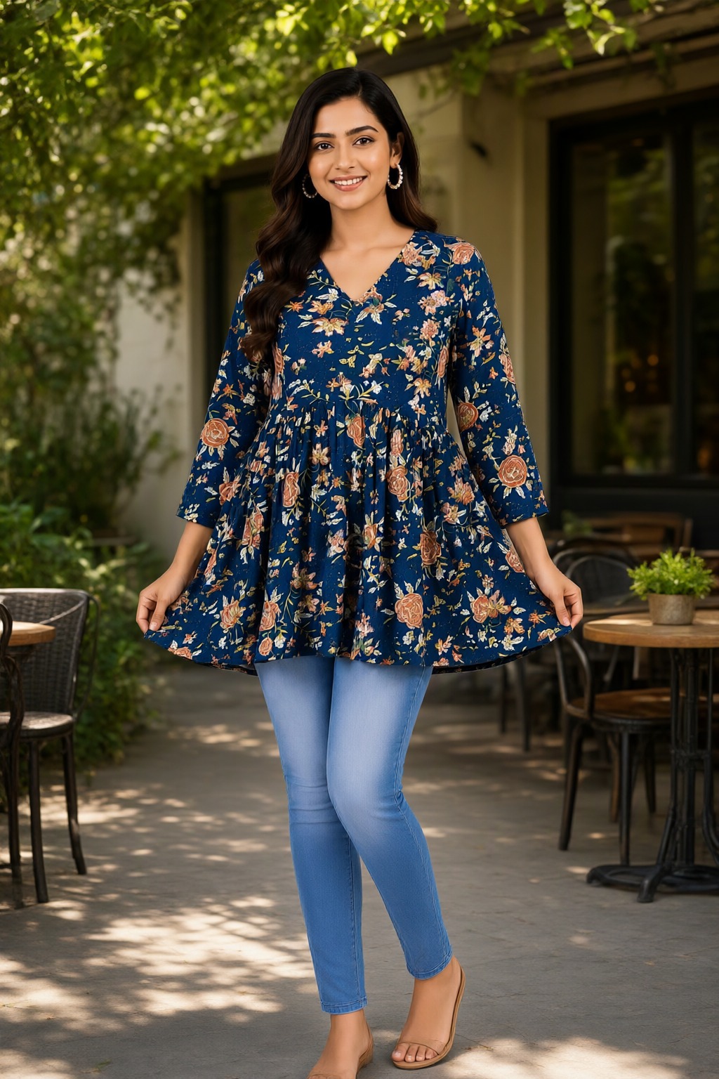 Women's Cotton Flared Short Top Navy Blue – Floral Print — view 4