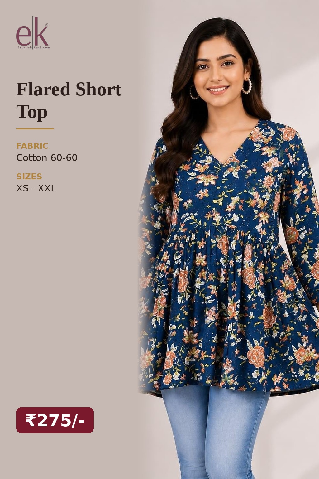 Women's Cotton Flared Short Top Navy Blue – Floral Print — view 5