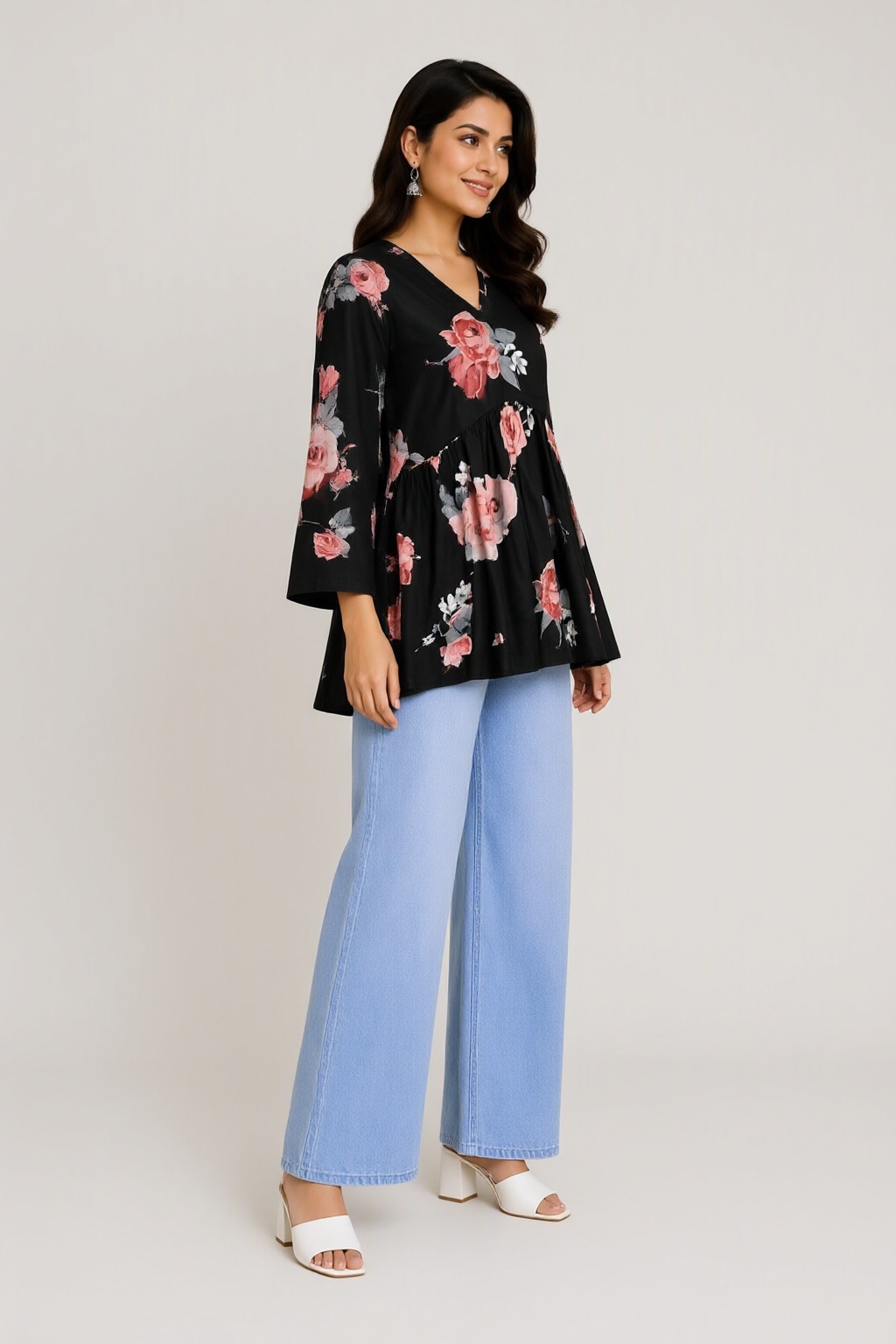Women's Cotton Flared Short Top Black – Rose Print — view 2