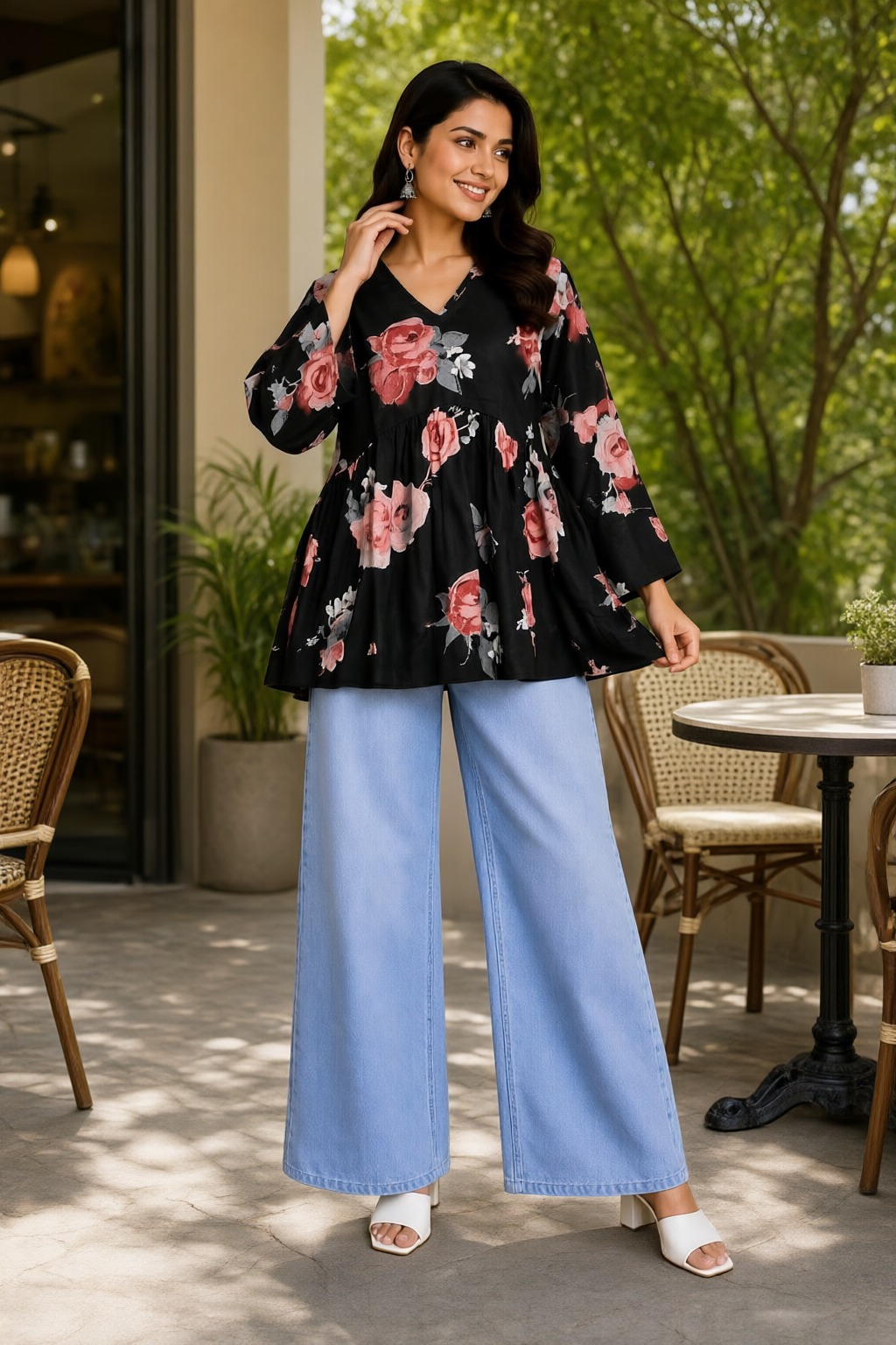 Women's Cotton Flared Short Top Black – Rose Print — view 4