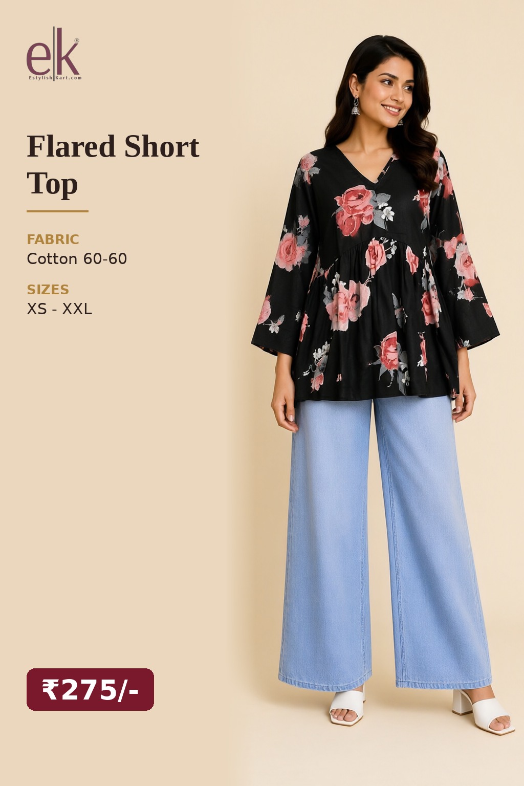 Women's Cotton Flared Short Top Black – Rose Print — view 5